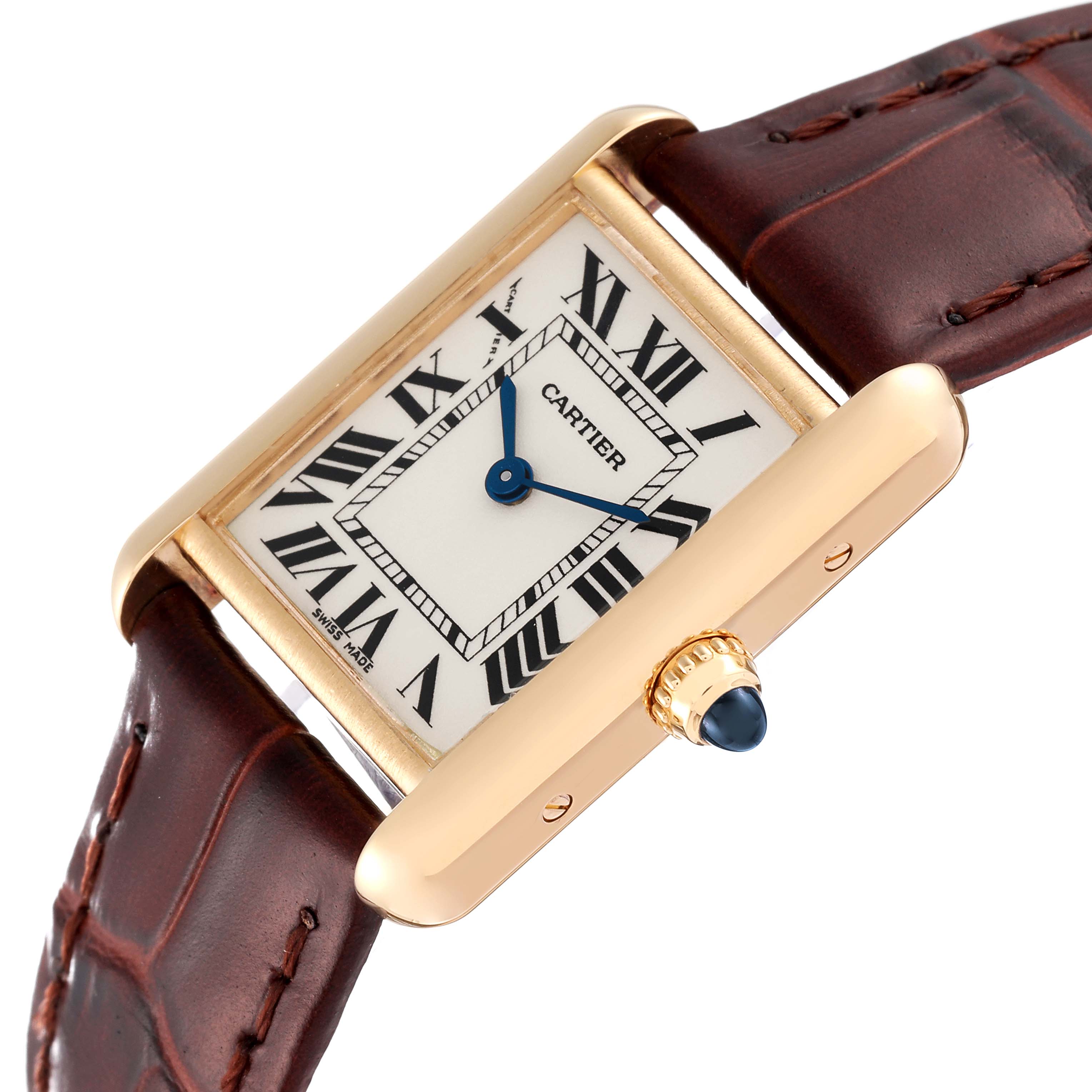 The image shows a close-up, side-angle view of the Cartier Tank Louis W1529856 Women
s Yellow Gold Silver Dial W1529856 Women
s Yellow Gold Silver Dial watch, highlighting its dial, hands, case, and crown.
