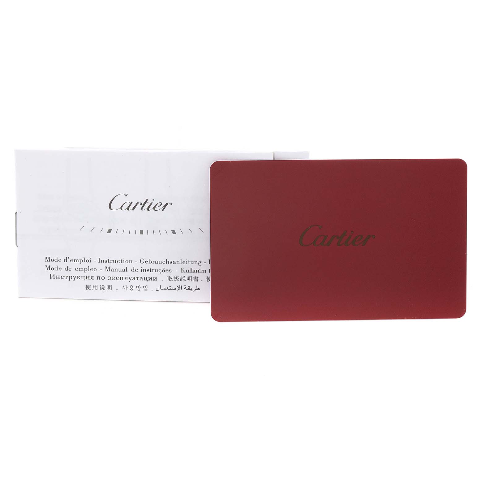 The image shows the manual and warranty card for the Cartier Tank Louis W1529856 Women
s Yellow Gold Silver Dial W1529856 Women
s Yellow Gold Silver Dial watch.