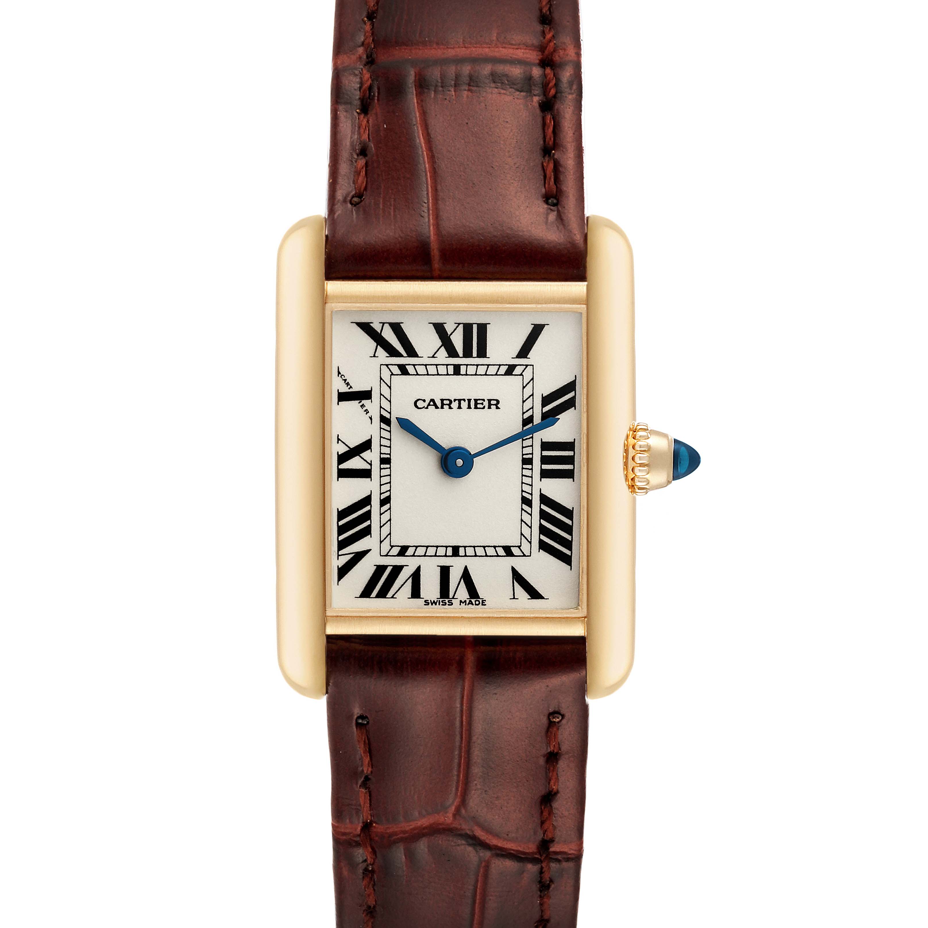 The image shows a front view of the Cartier Tank Louis W1529856 Women
s Yellow Gold Silver Dial W1529856 Women
s Yellow Gold Silver Dial watch, displaying the face, strap, and crown.