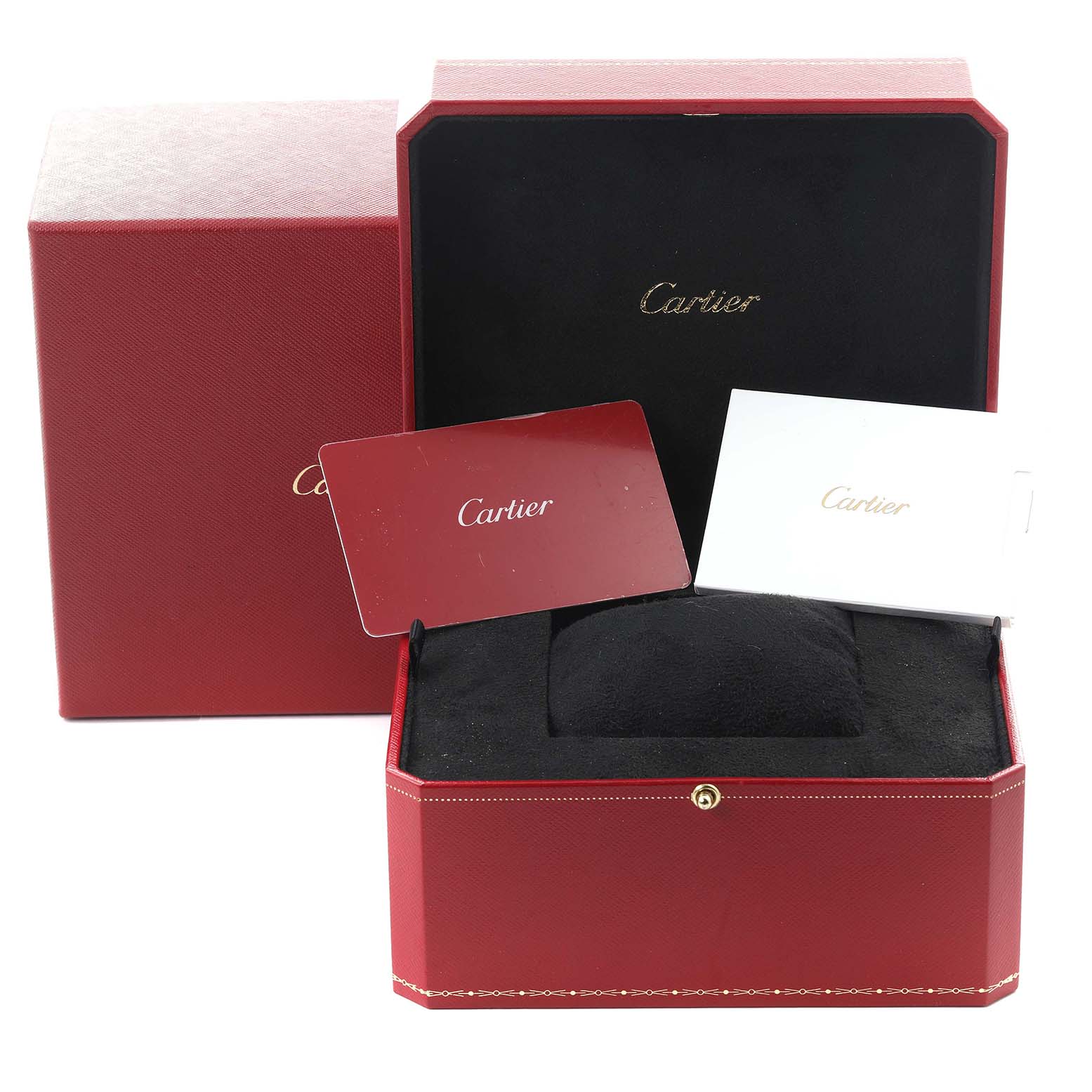 The image shows the box packaging and documentation for the Cartier Tank Must W4TA0016 Women's Stainless Steel Silver Dial W4TA0016 Women's Stainless Steel Silver Dial watch.
