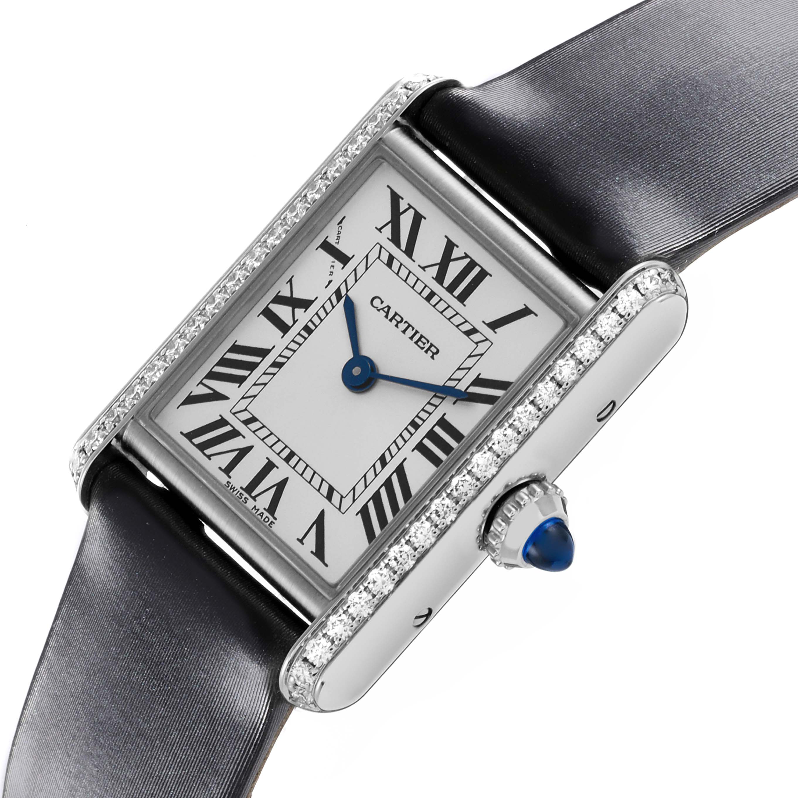 The Cartier Tank Must W4TA0016 Women's Stainless Steel Silver Dial W4TA0016 Women's Stainless Steel Silver Dial watch is shown at a three-quarter angle, highlighting the face, crown, and diamond-studded case.