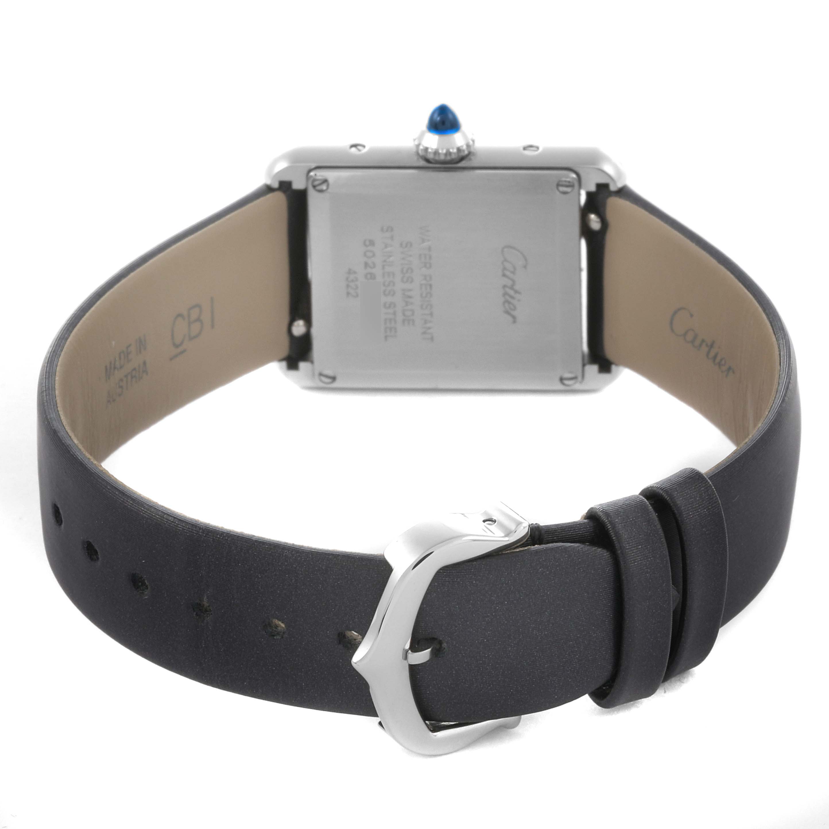 The image shows the back of the Cartier Tank Must W4TA0016 Women's Stainless Steel Silver Dial W4TA0016 Women's Stainless Steel Silver Dial watch, highlighting the case back, strap, and buckle.