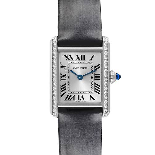 The Cartier Tank Must watch is shown from the front, displaying its rectangular face, Roman numerals, and strap.