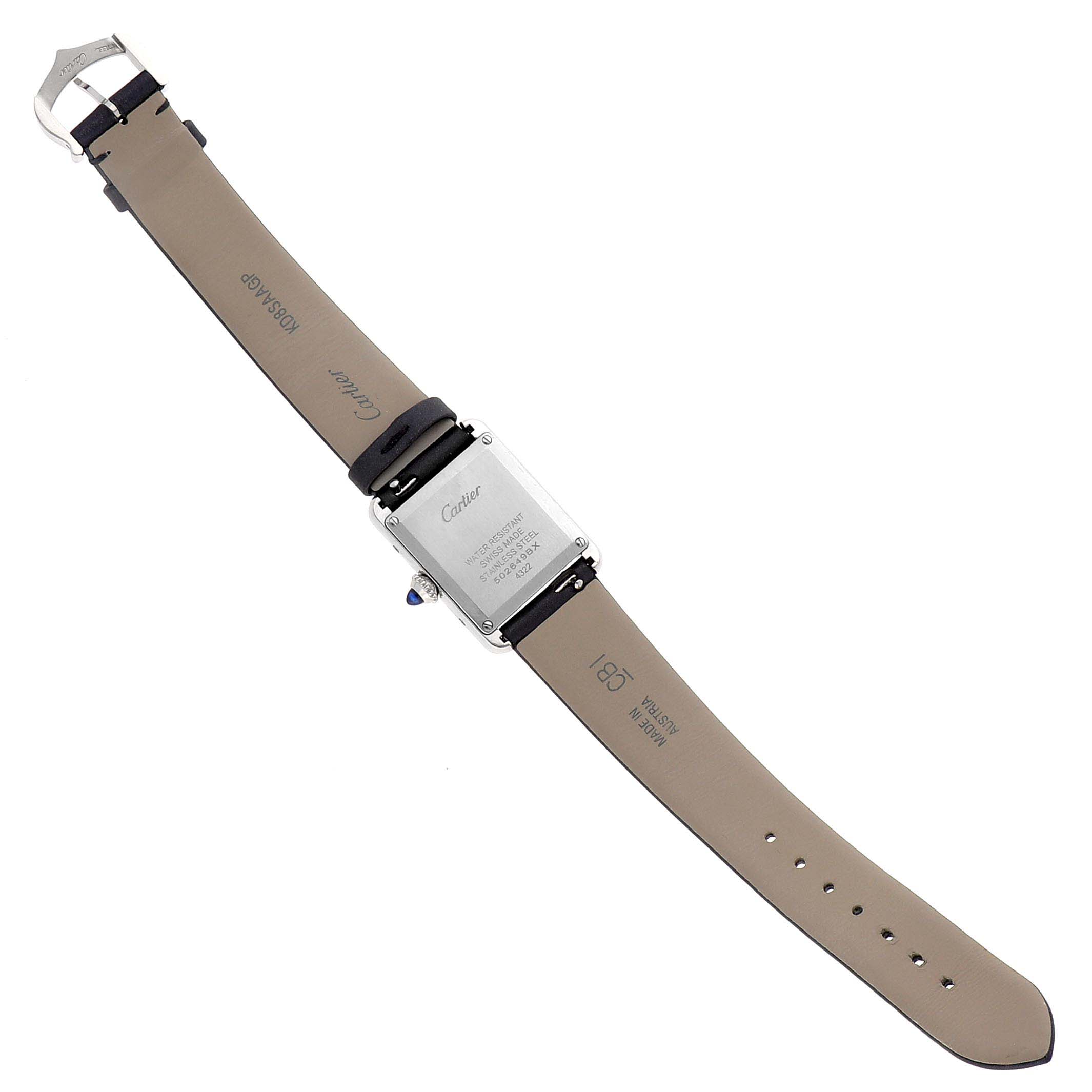 The image shows the back view of a Cartier Tank Must W4TA0016 Women's Stainless Steel Silver Dial W4TA0016 Women's Stainless Steel Silver Dial watch, displaying the case back, strap, and buckle.