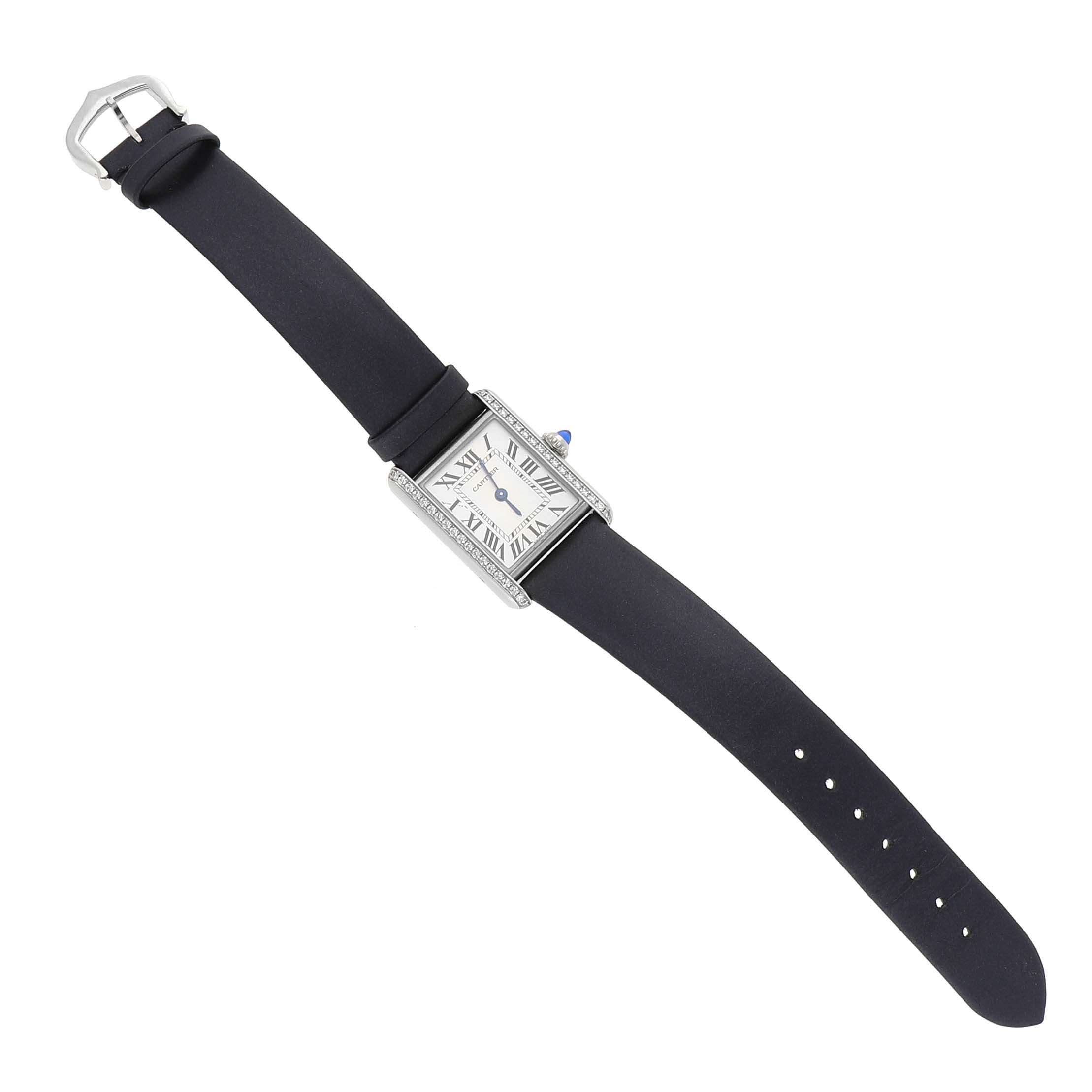 The Cartier Tank Must W4TA0016 Women's Stainless Steel Silver Dial W4TA0016 Women's Stainless Steel Silver Dial watch is shown from a top view, displaying the face, strap, buckle, and crown.