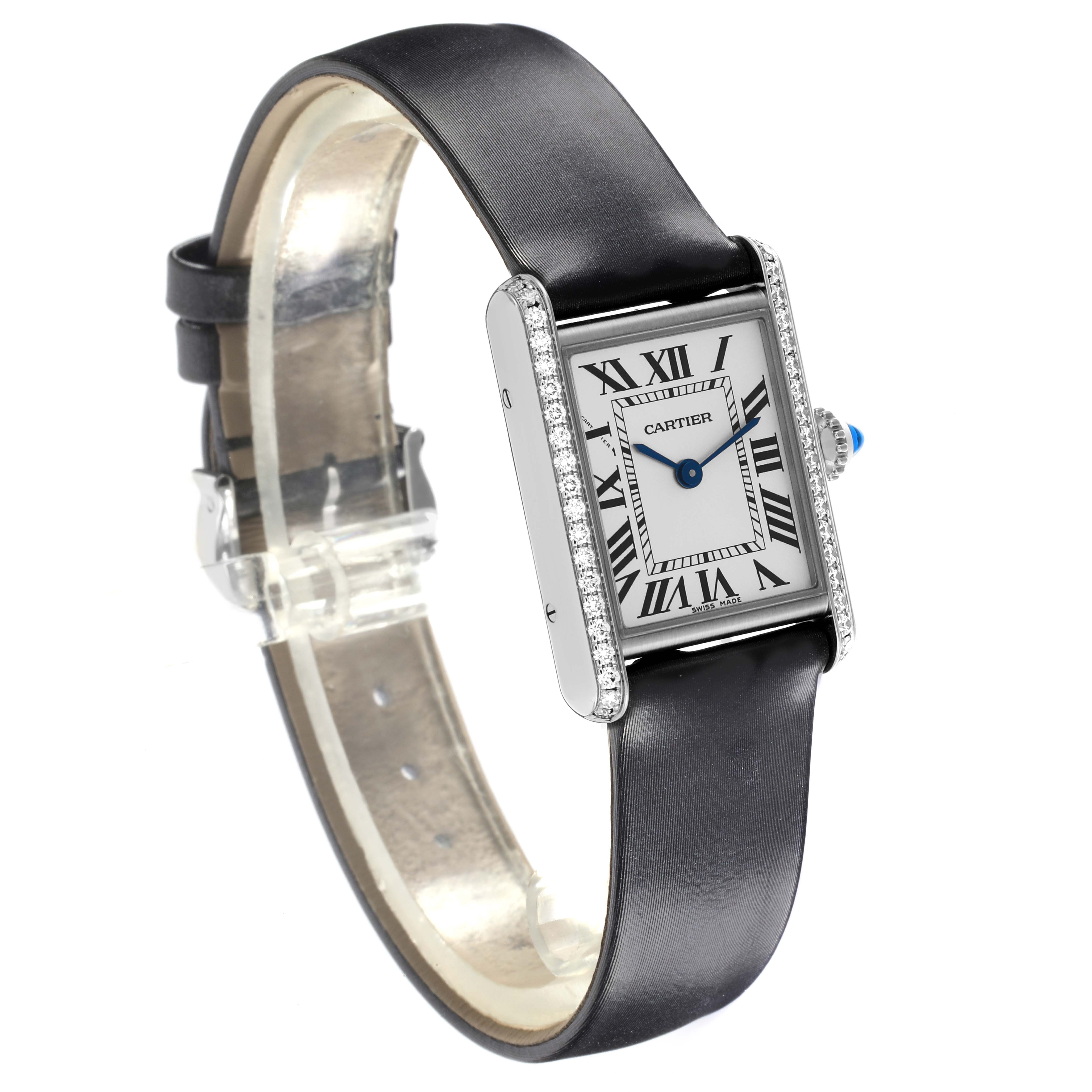 The Cartier Tank Must W4TA0016 Women's Stainless Steel Silver Dial W4TA0016 Women's Stainless Steel Silver Dial watch is shown at a slight angle, displaying its face, strap, and bejeweled edges.