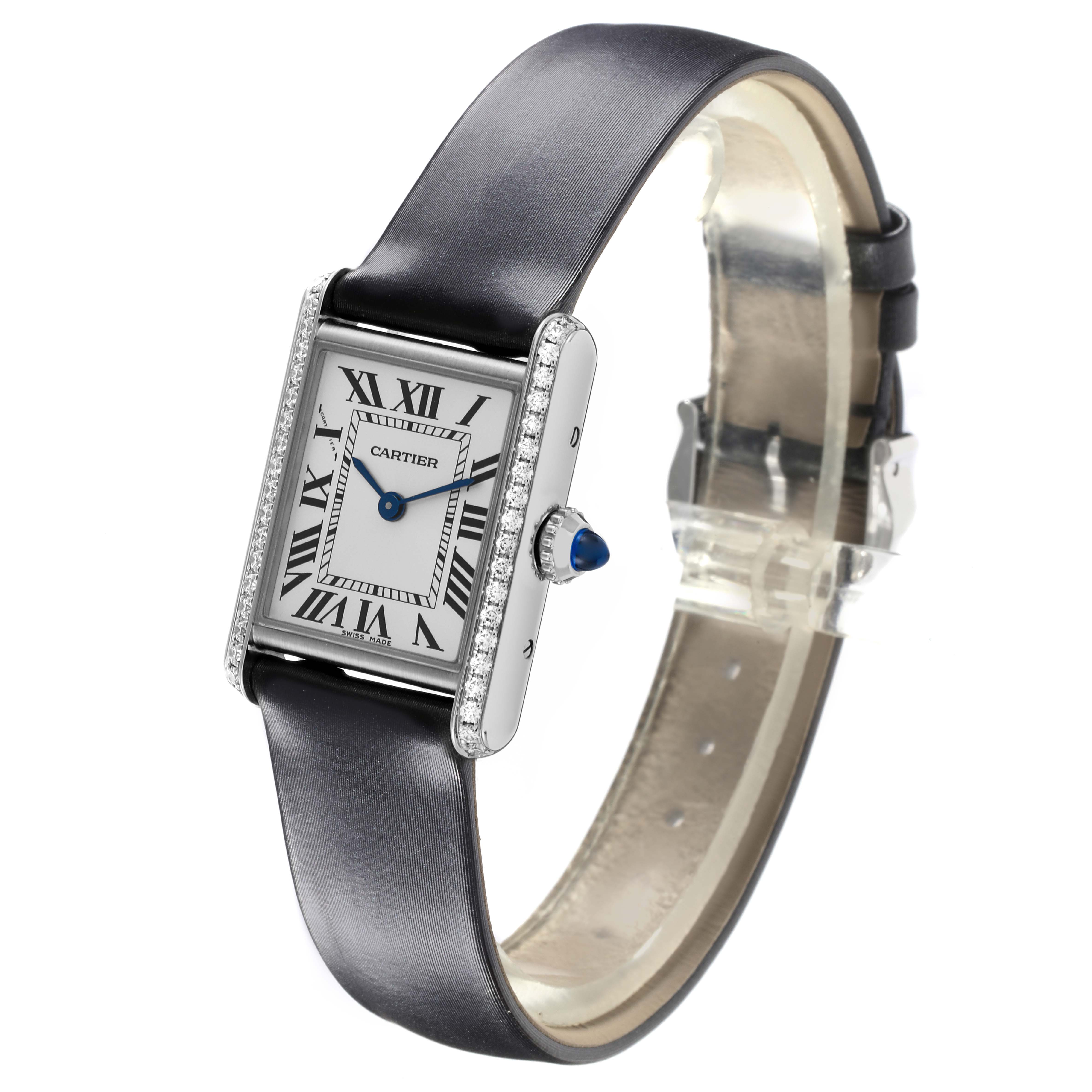 The Cartier Tank Must W4TA0016 Women's Stainless Steel Silver Dial W4TA0016 Women's Stainless Steel Silver Dial watch is shown at a slight angle, displaying the face, strap, and side profile with the crown.