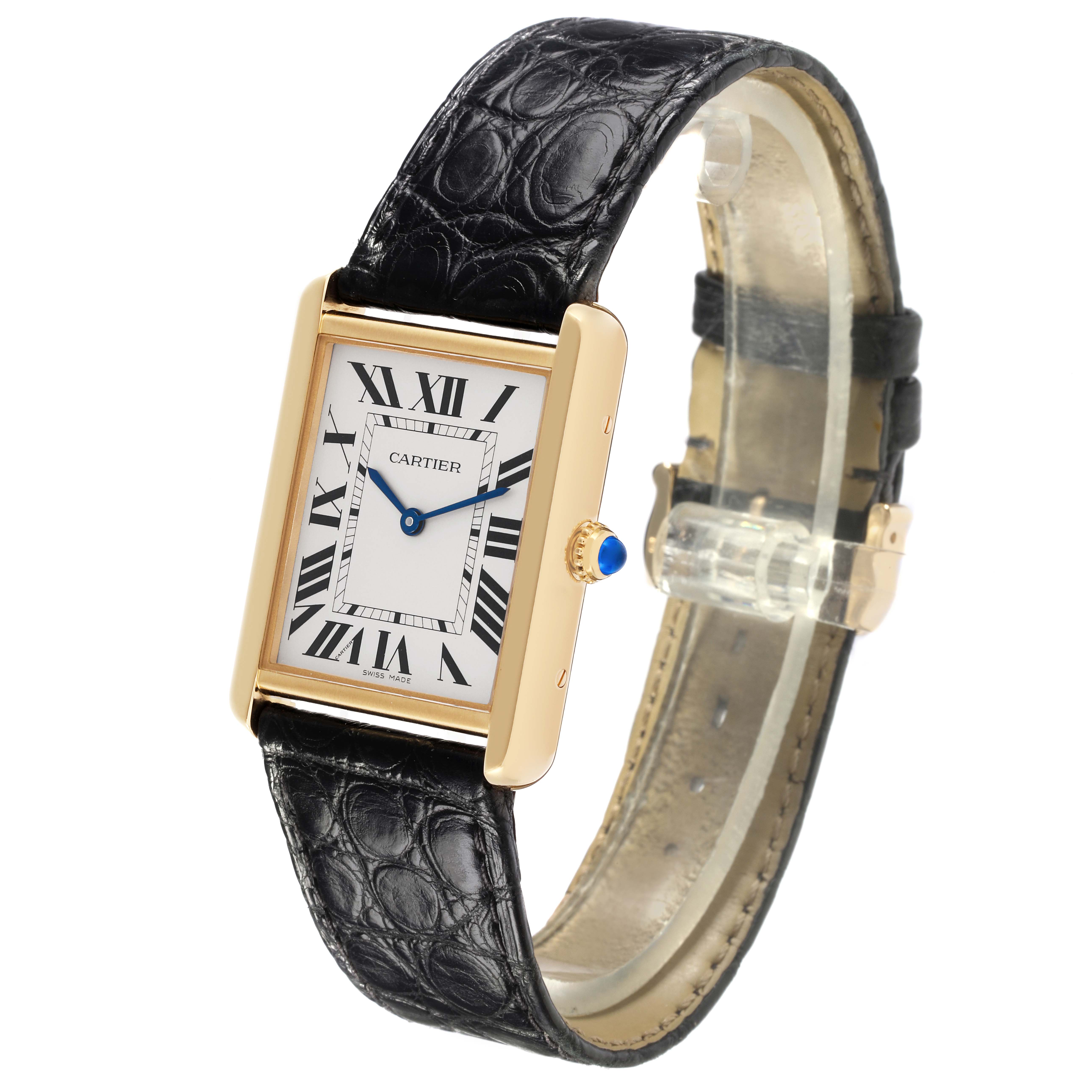 The Cartier Tank Solo W5200004 Men's Yellow Gold Silver Dial W5200004 Men's Yellow Gold Silver Dial watch is shown at a three-quarter angle, displaying the face, Roman numerals, strap, and crown.