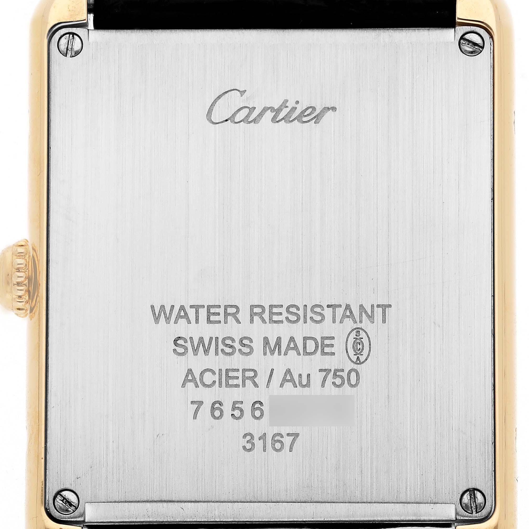The image shows the back of a Cartier Tank Solo W5200004 Men's Yellow Gold Silver Dial W5200004 Men's Yellow Gold Silver Dial watch case, displaying its inscriptions and screws.
