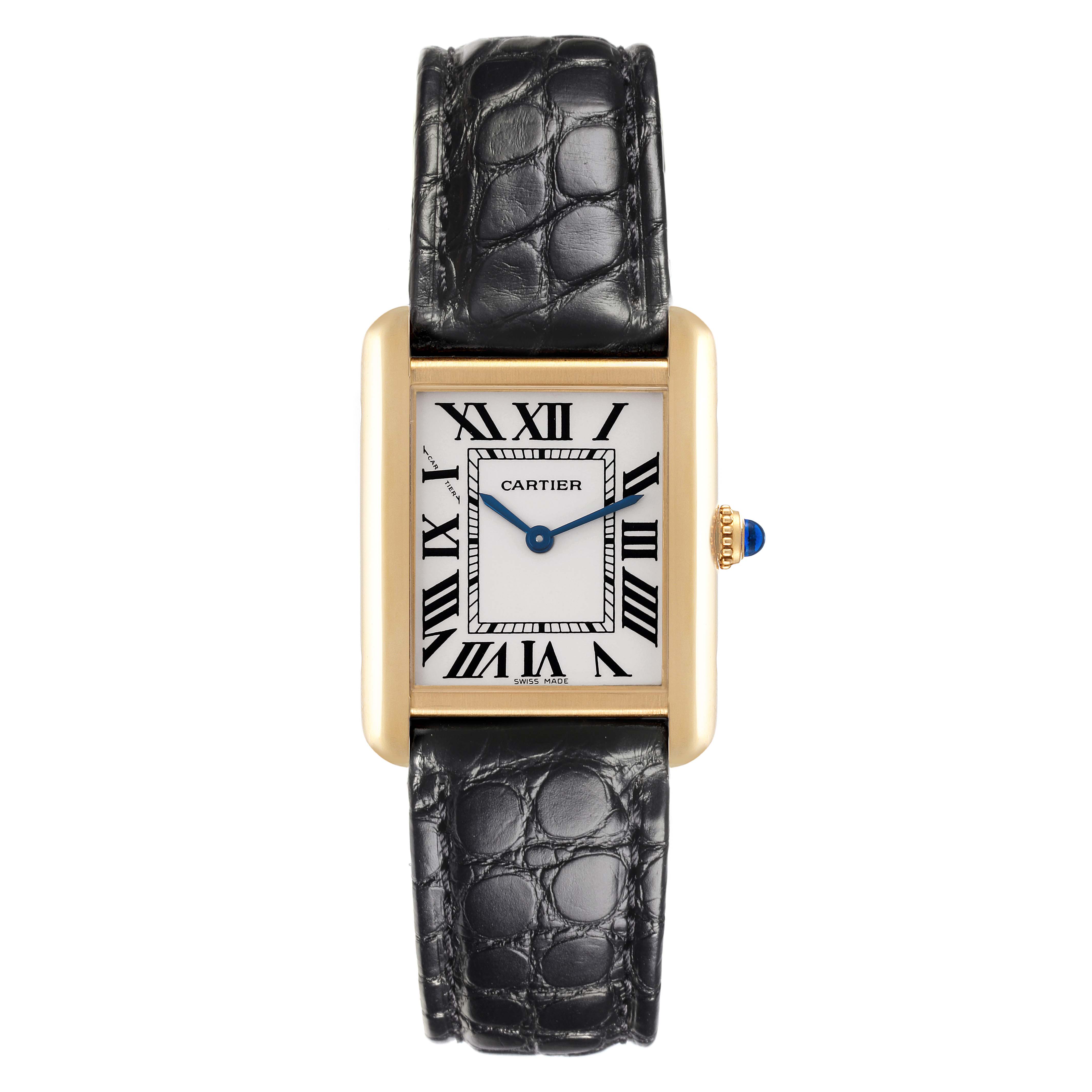The Cartier Tank Solo W5200002 Women's Steel and Gold (two tone) Silver Dial W5200002 Women's Steel and Gold (two tone) Silver Dial watch is shown from a top view, highlighting the rectangular case, dial, and leather strap.