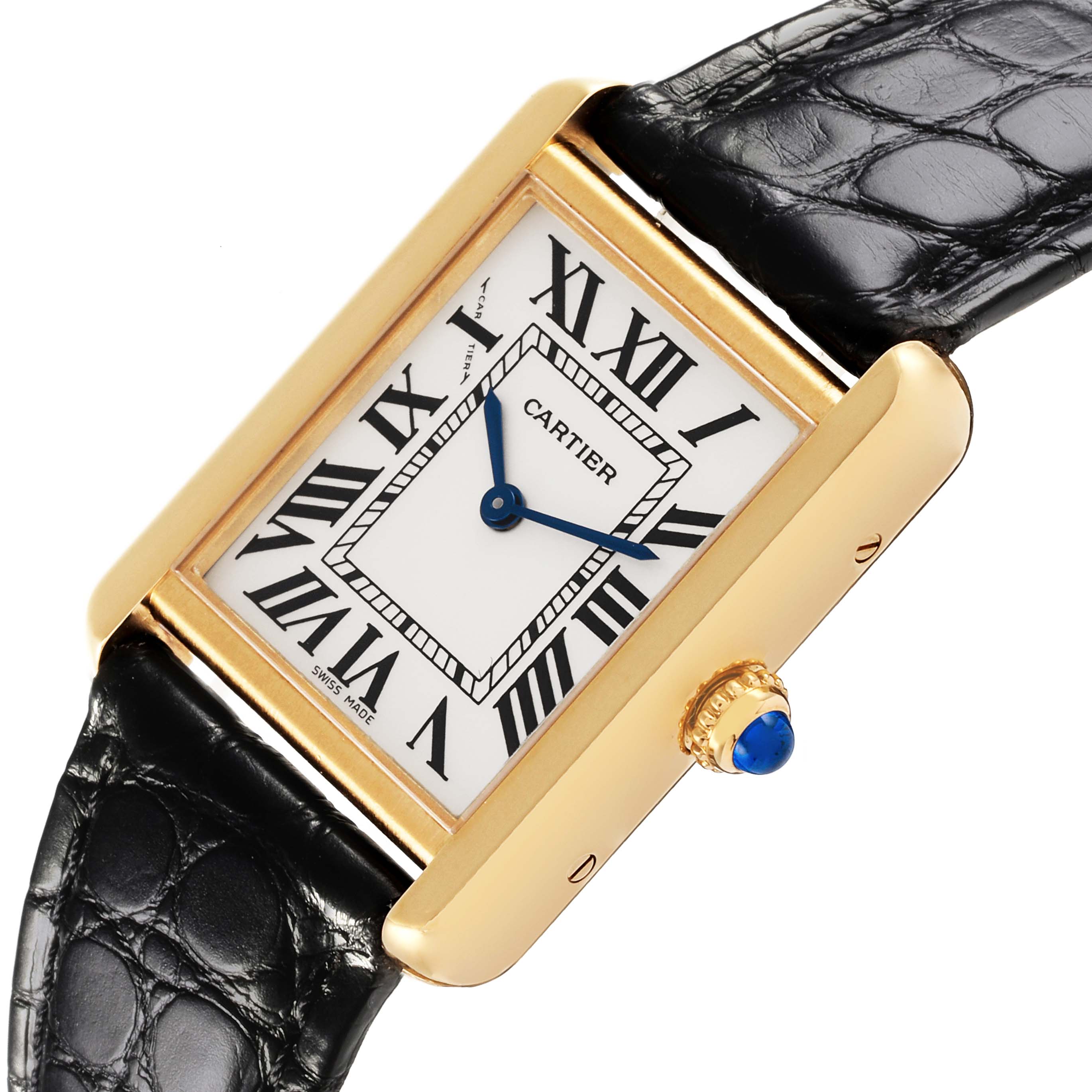 The Cartier Tank Solo W5200002 Women's Steel and Gold (two tone) Silver Dial W5200002 Women's Steel and Gold (two tone) Silver Dial watch is shown at a slight angle, highlighting the face, gold casing, crown, and black leather strap.