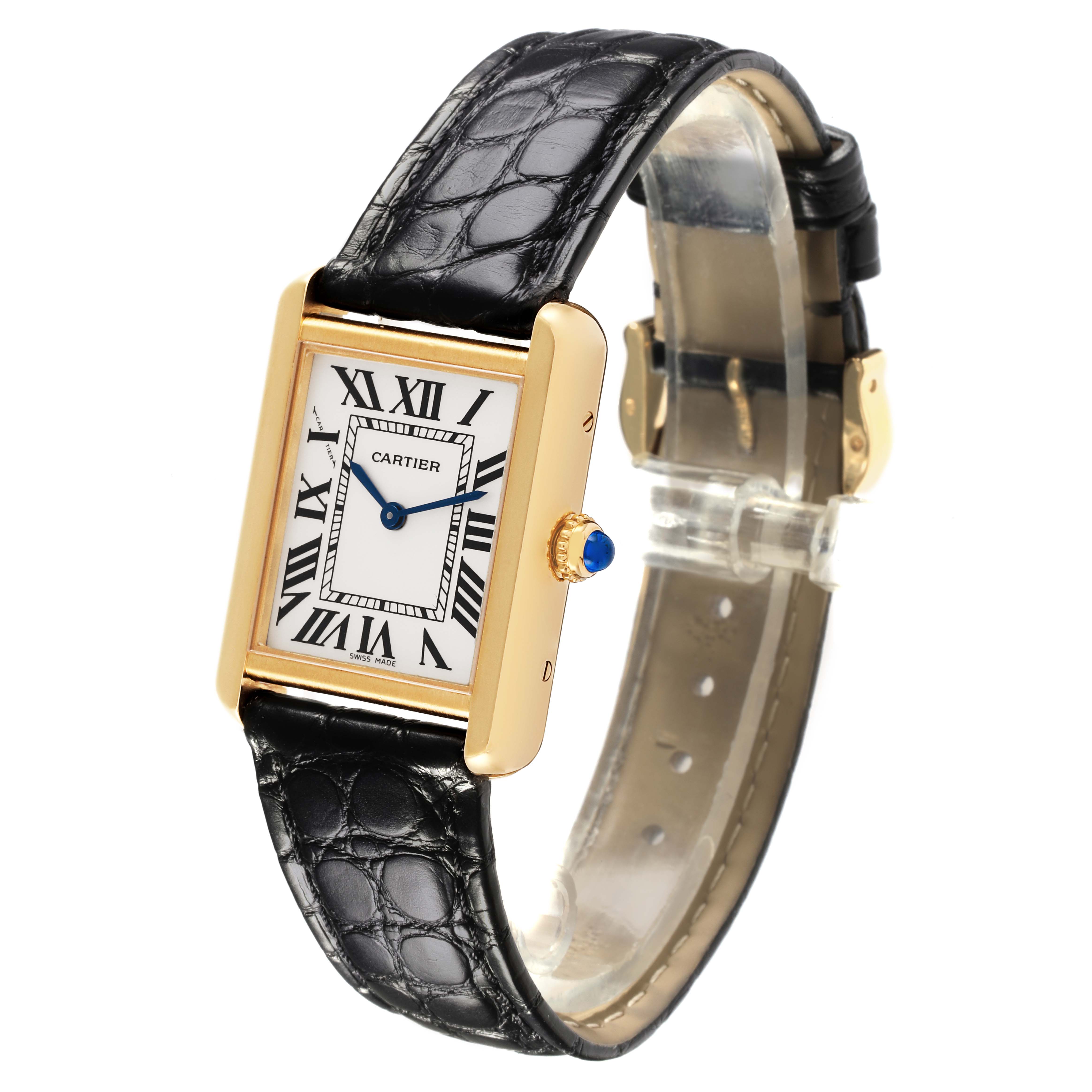 The Cartier Tank Solo W5200002 Women's Steel and Gold (two tone) Silver Dial W5200002 Women's Steel and Gold (two tone) Silver Dial watch is shown at a side angle, highlighting the face, gold case, crown, and leather strap.