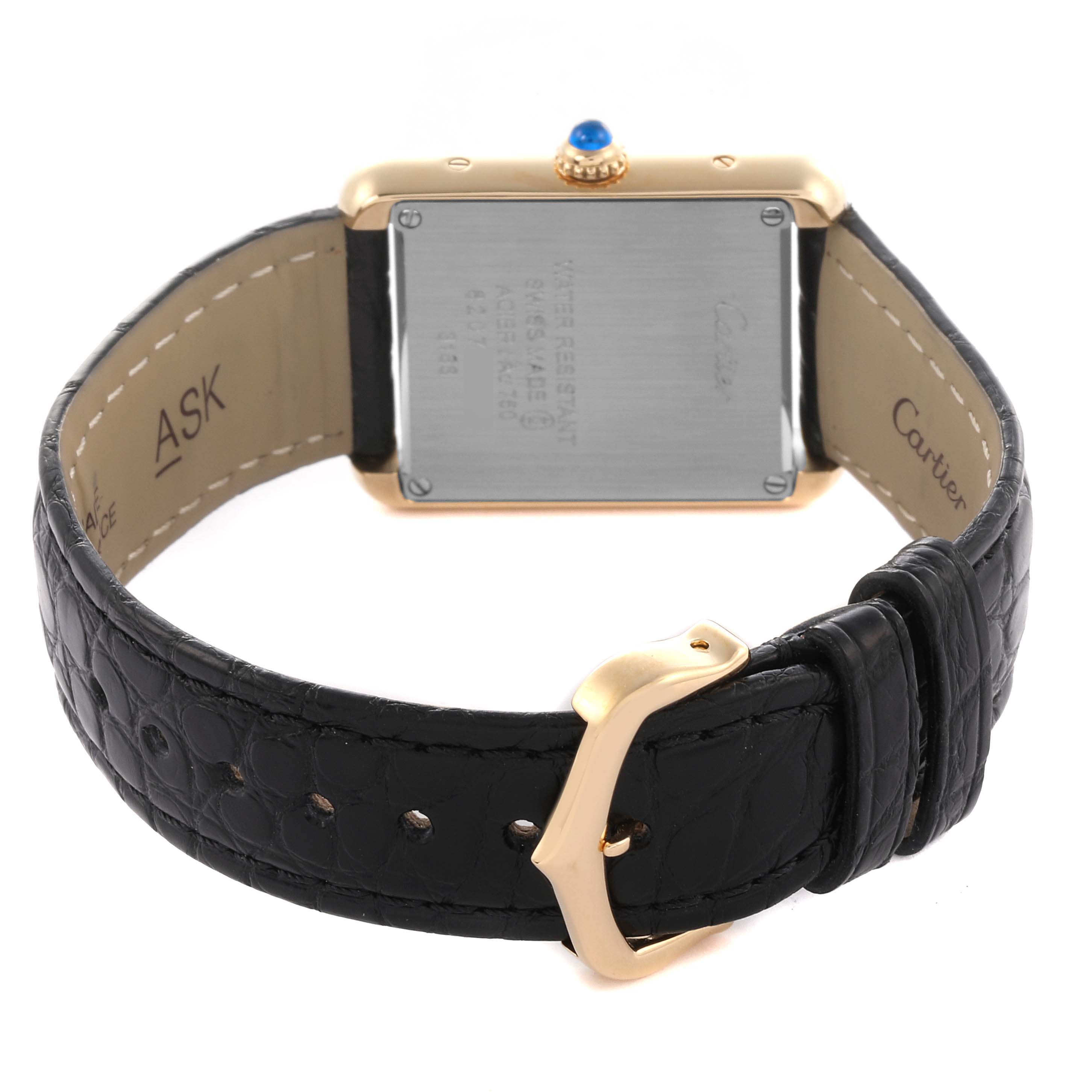 The image shows the back of a Cartier Tank Solo W5200002 Women's Steel and Gold (two tone) Silver Dial W5200002 Women's Steel and Gold (two tone) Silver Dial watch, highlighting its strap, buckle, and case back.