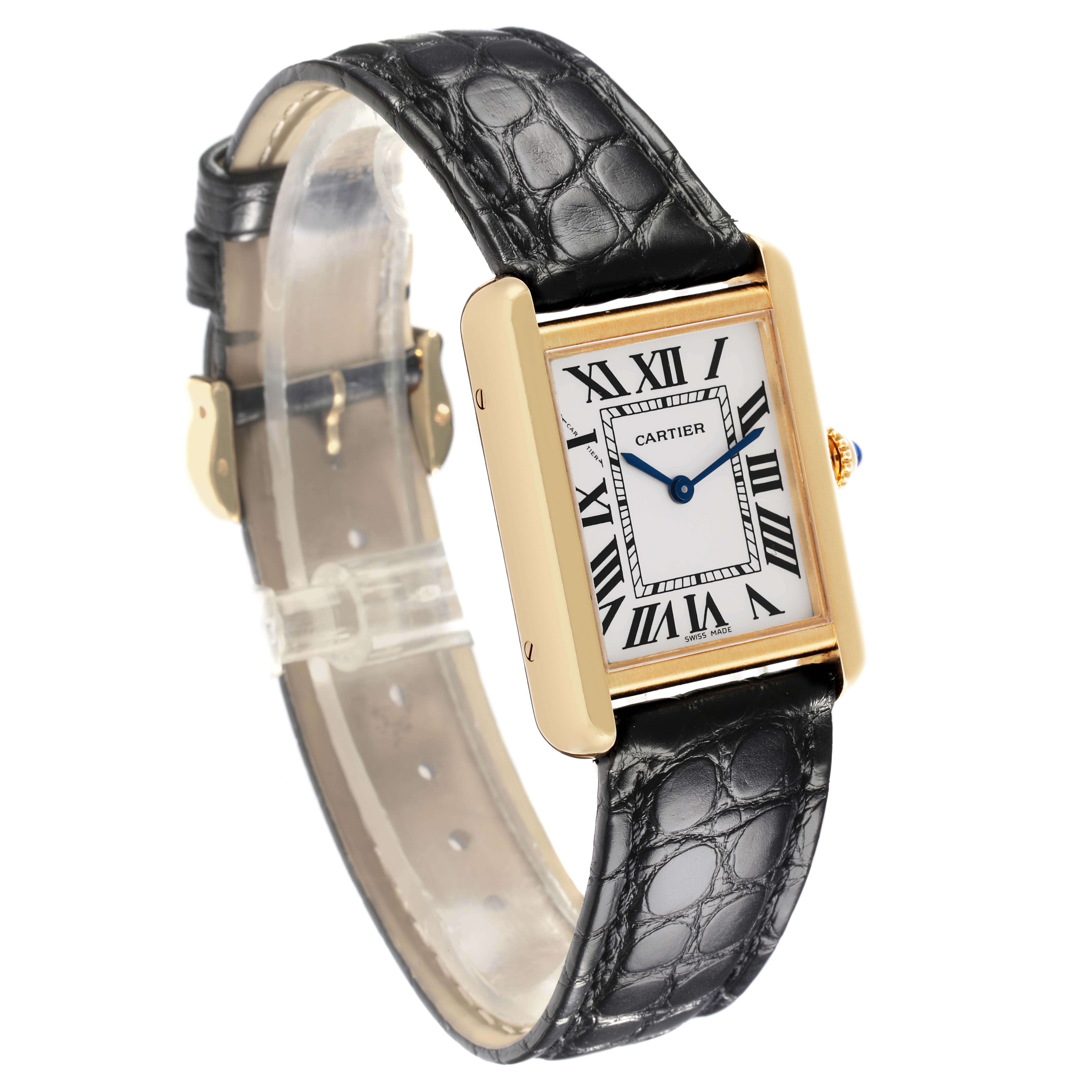 The Cartier Tank Solo W5200002 Women's Steel and Gold (two tone) Silver Dial W5200002 Women's Steel and Gold (two tone) Silver Dial watch is shown at an angled view highlighting its rectangular face and black leather strap.