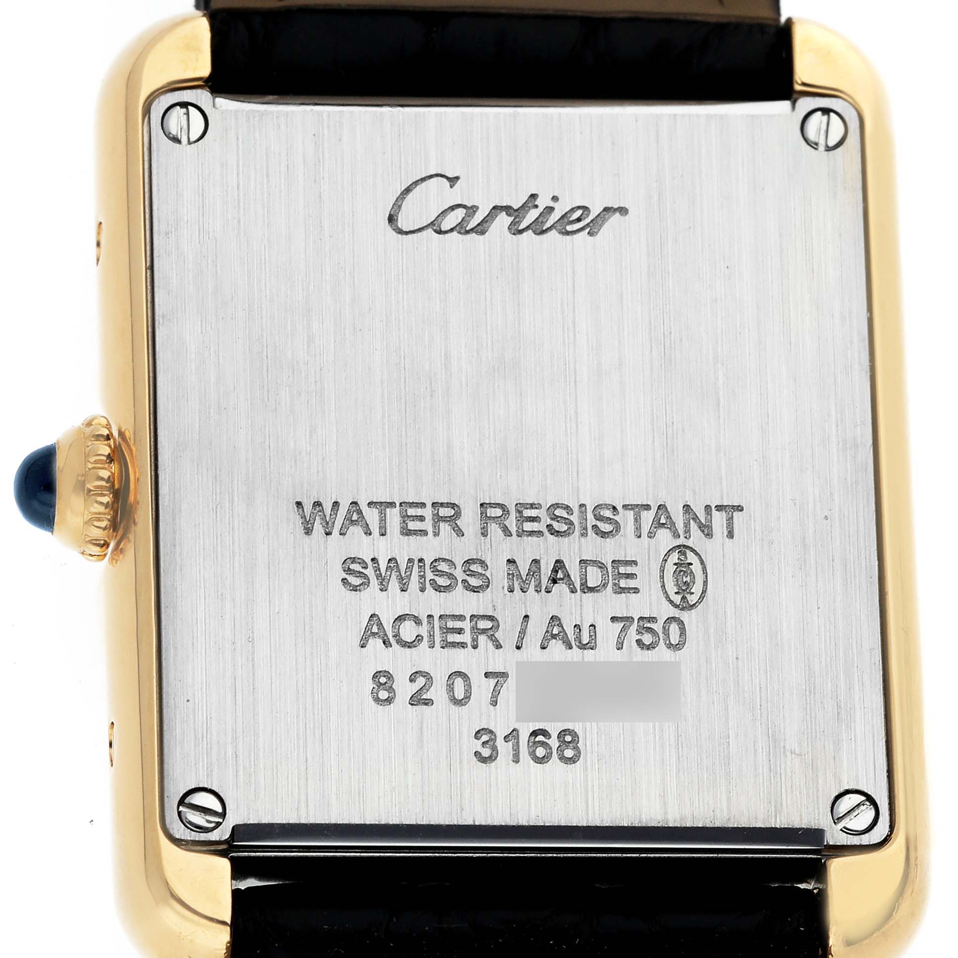 The image shows the back of the Cartier Tank Solo W5200002 Women's Steel and Gold (two tone) Silver Dial W5200002 Women's Steel and Gold (two tone) Silver Dial watch, highlighting the case and crown.