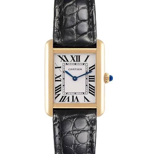 The Cartier Tank Solo watch is shown from a frontal angle, highlighting its face, Roman numerals, blue hands, and leather strap.