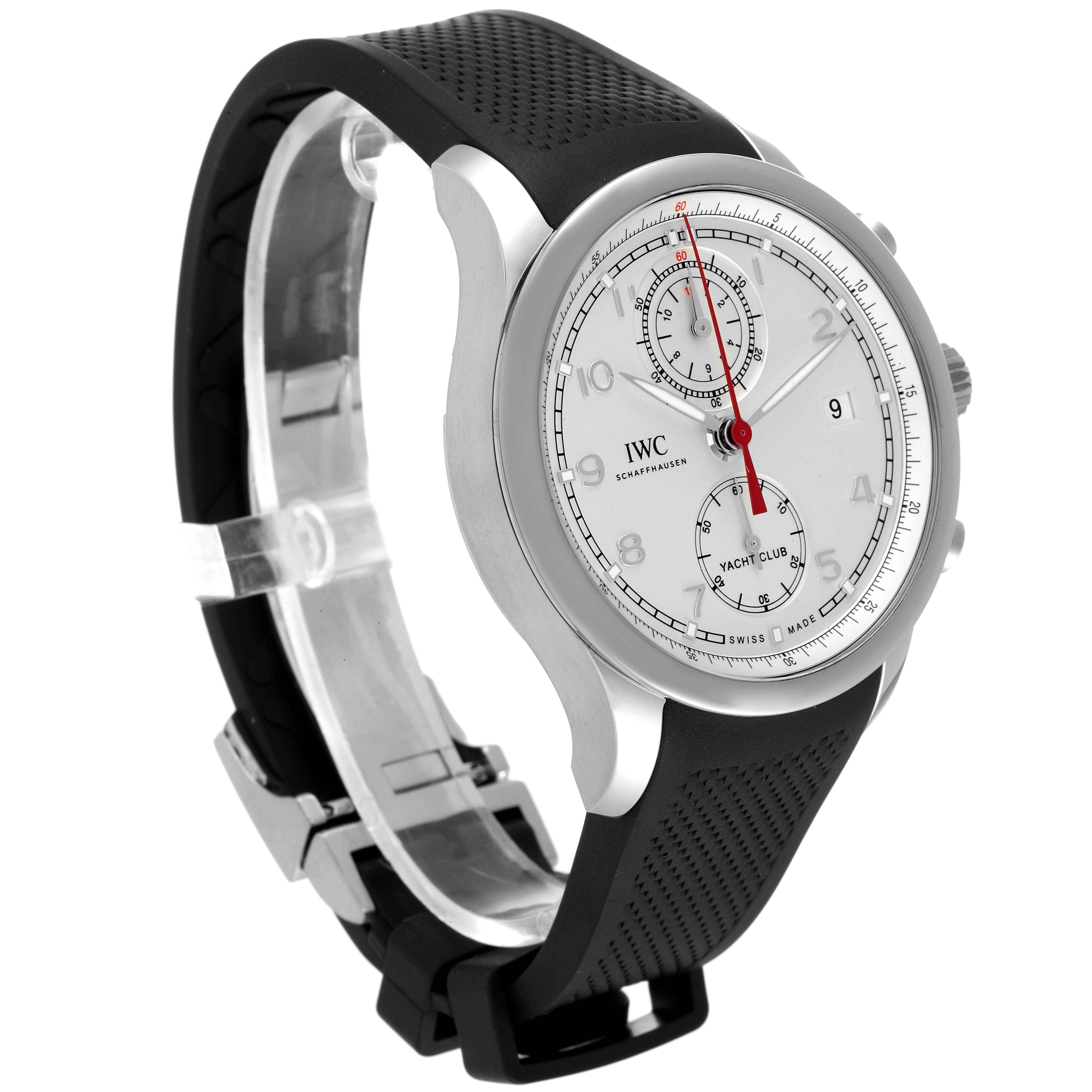 The image shows an angled view of an IWC Portuguese IW390502 Men's Stainless Steel Silver Dial IW390502 Men's Stainless Steel Silver Dial watch, highlighting its face, bezel, and black strap.