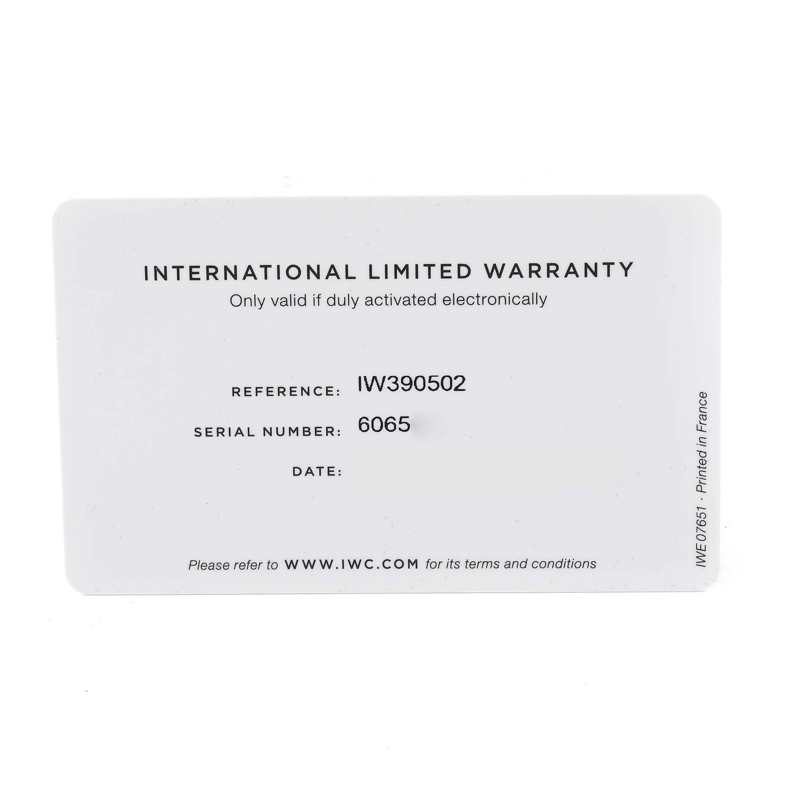 This image shows the warranty card for the Portuguese model watch by IWC with reference number IW390502.