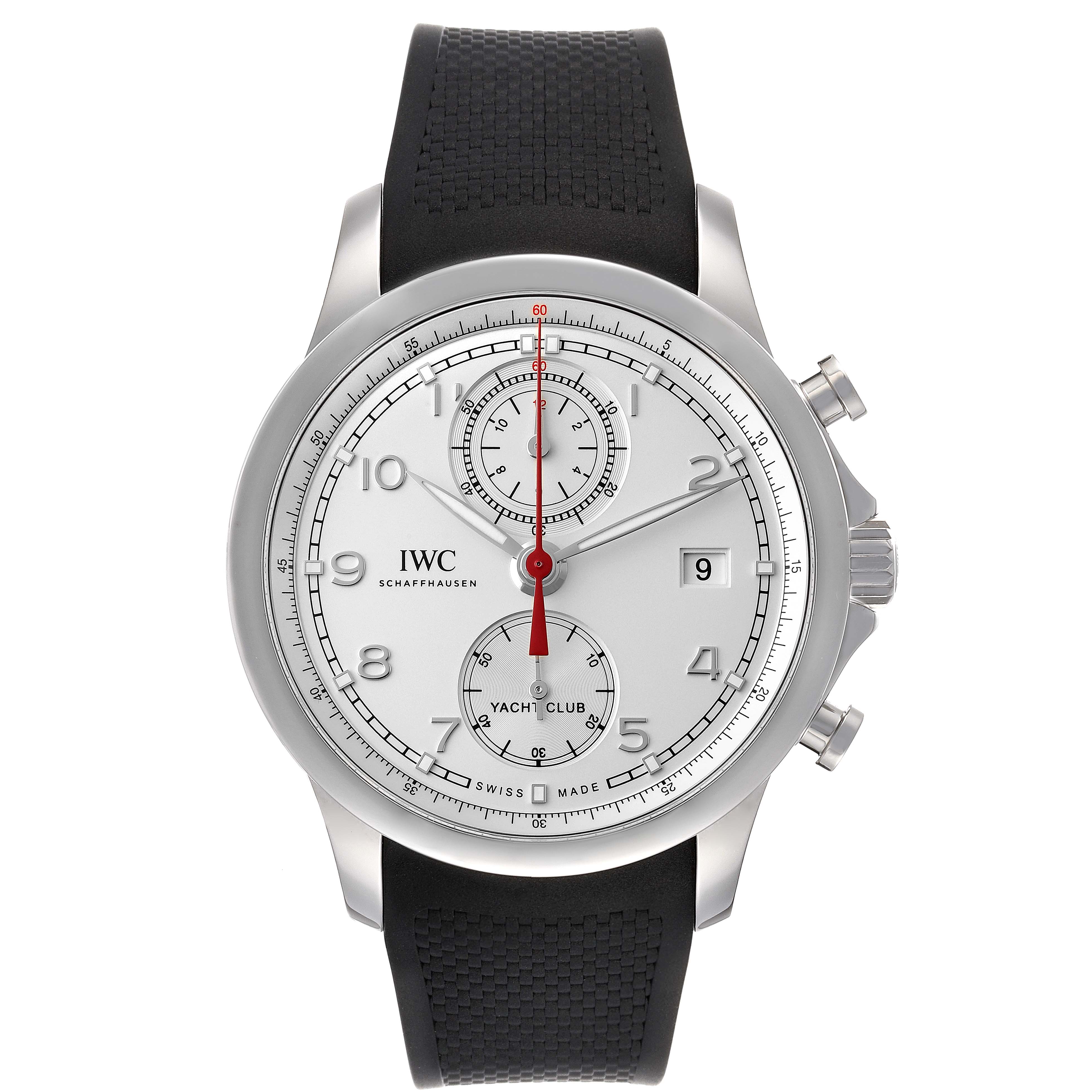 The image shows a frontal view of an IWC Portuguese IW390502 Men's Stainless Steel Silver Dial IW390502 Men's Stainless Steel Silver Dial Yacht Club watch, highlighting its dial, subdials, date window, and strap.