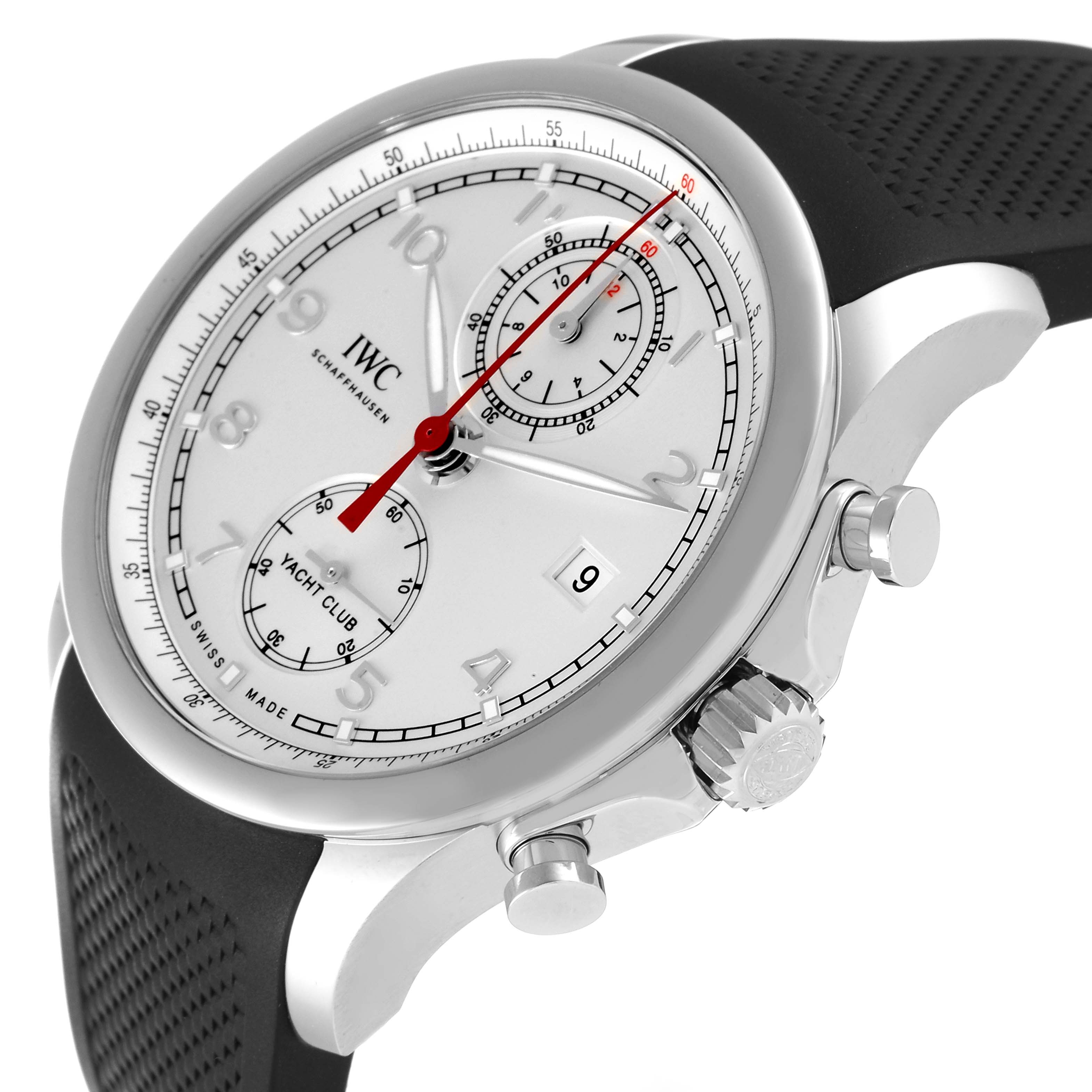 The image shows a side angle of an IWC Portuguese IW390502 Men's Stainless Steel Silver Dial IW390502 Men's Stainless Steel Silver Dial watch, highlighting the face, crown, and pushers.