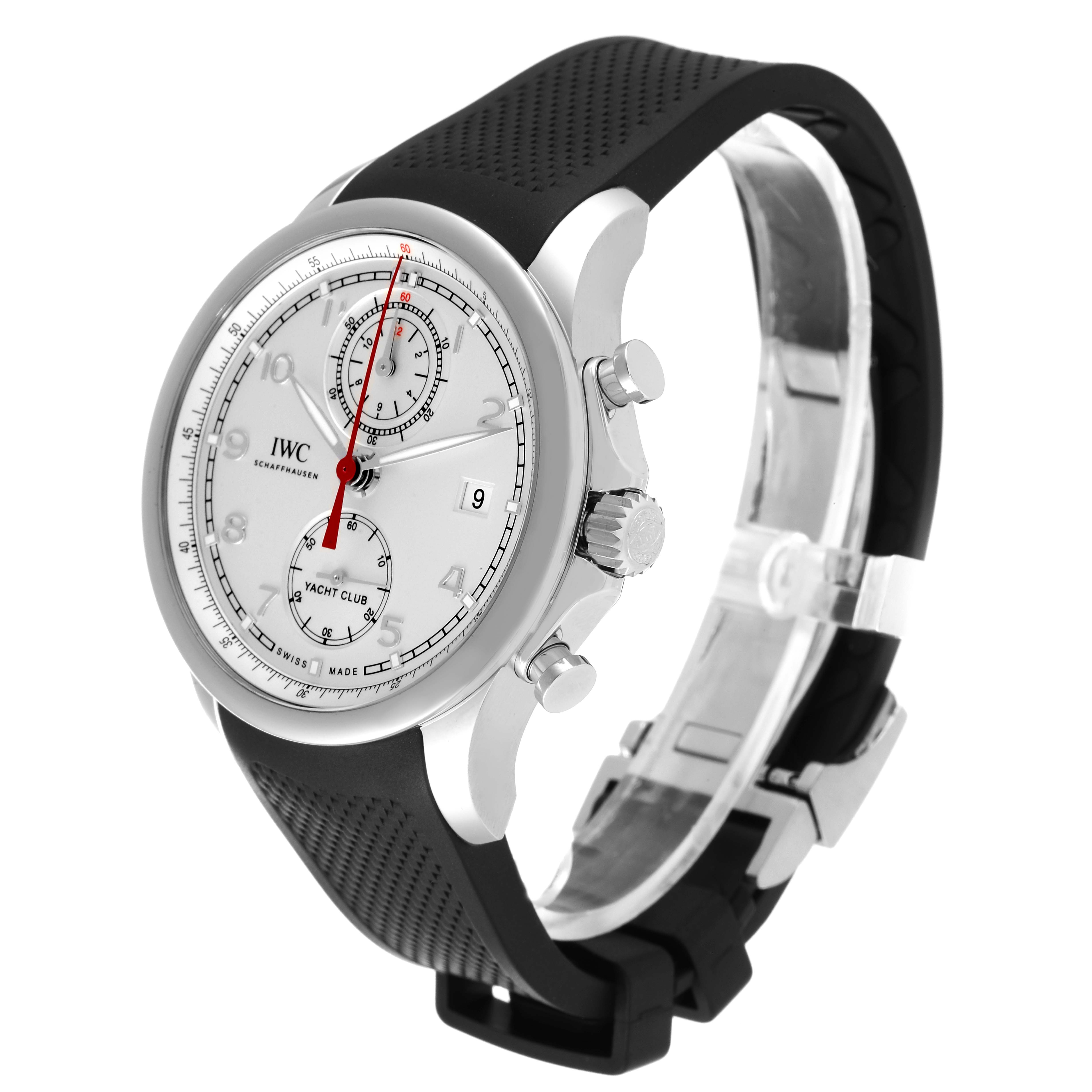 The image shows a side view of an IWC Portuguese IW390502 Men's Stainless Steel Silver Dial IW390502 Men's Stainless Steel Silver Dial Yacht Club watch, displaying its face, chronograph buttons, crown, and black rubber strap.