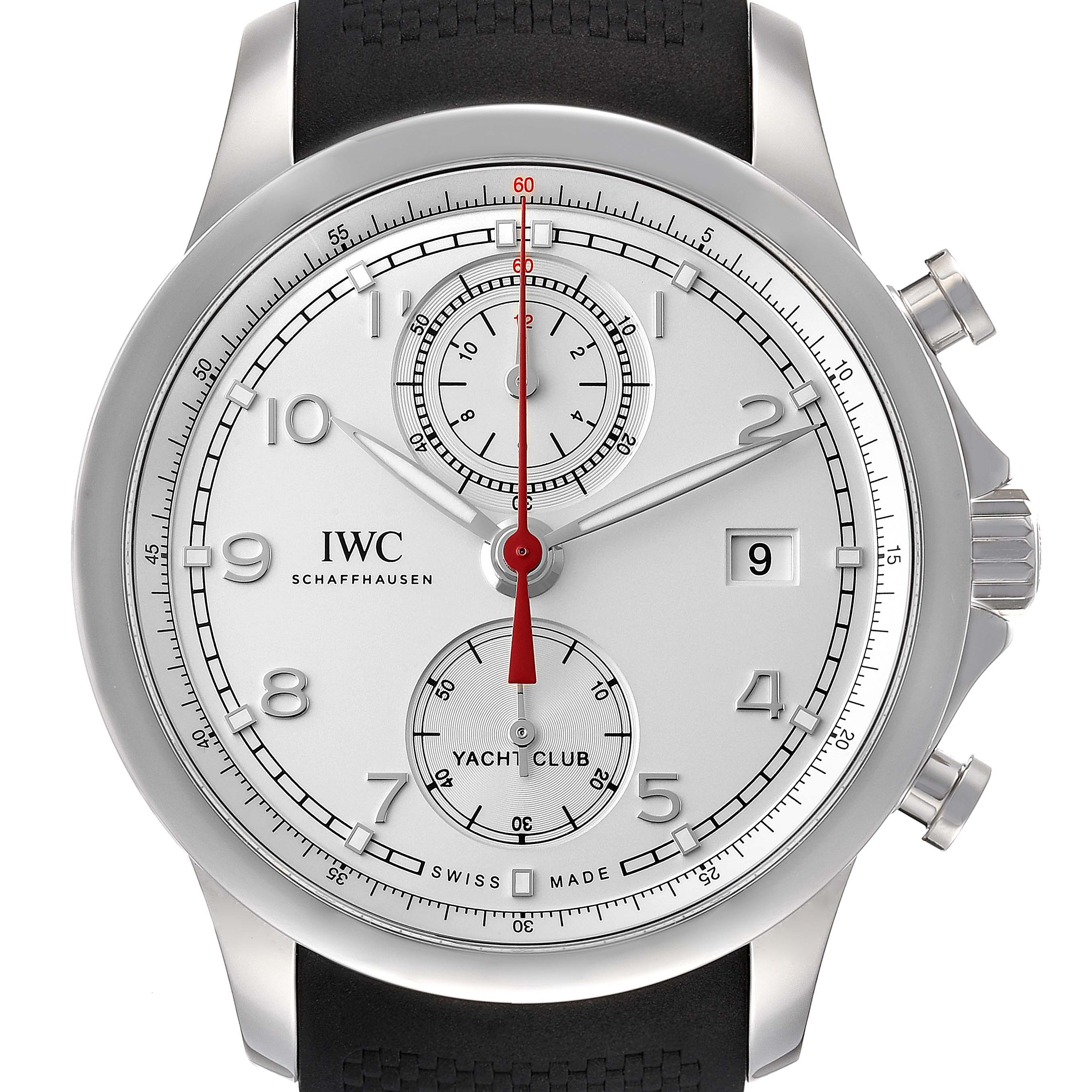 The image shows a front view of the IWC Portuguese IW390502 Men's Stainless Steel Silver Dial IW390502 Men's Stainless Steel Silver Dial Yacht Club watch, displaying the dial and chronograph functions.
