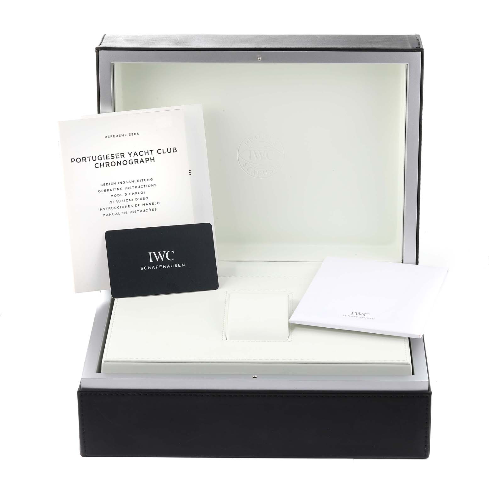 The image shows an open IWC Portuguese IW390502 Men's Stainless Steel Silver Dial IW390502 Men's Stainless Steel Silver Dial watch box, with documents and a warranty card displayed inside.