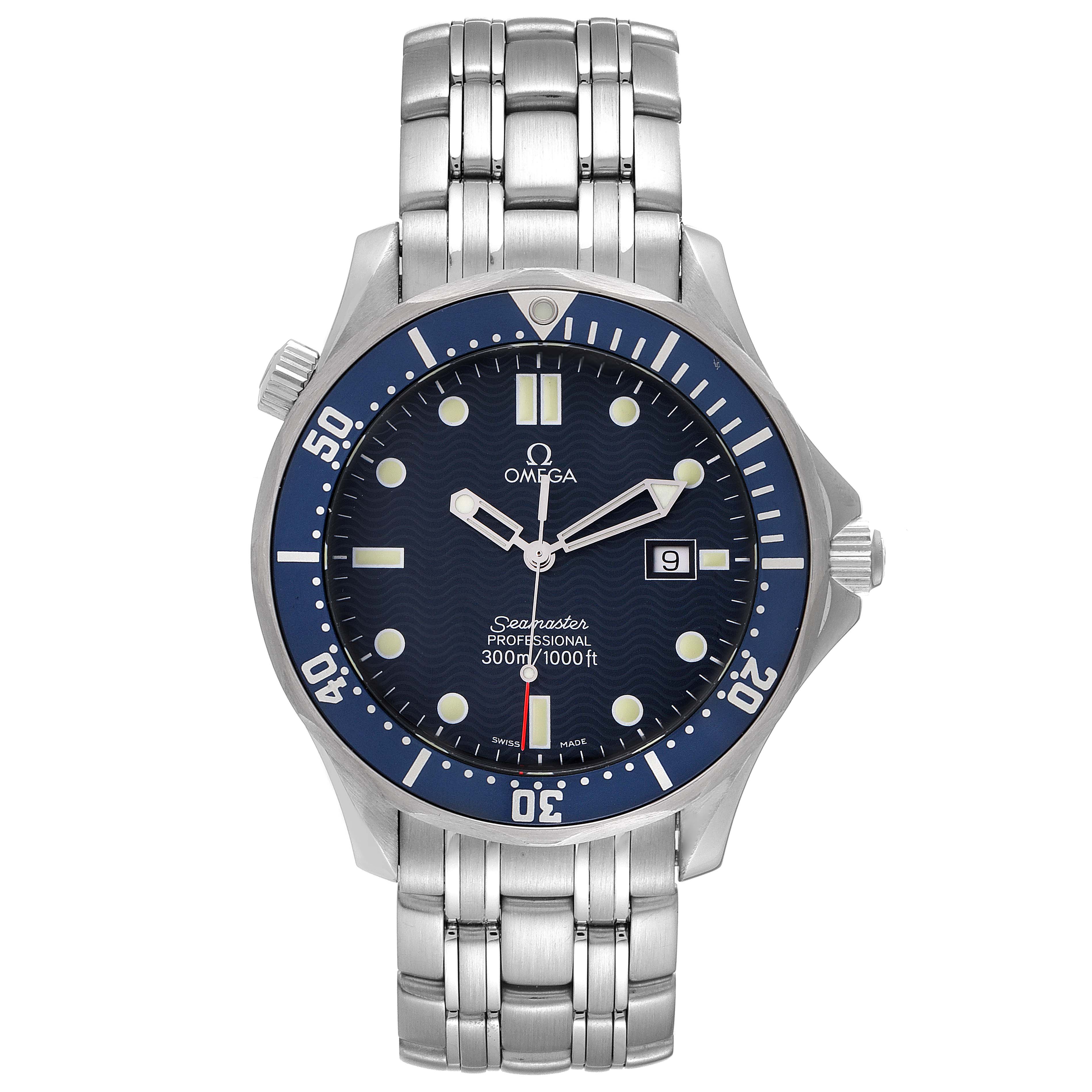 The Omega Seamaster 2541.80.00 Men's Stainless Steel Blue Dial 2541.80.00 Men's Stainless Steel Blue Dial watch is shown from the front, displaying the face, bezel, and metal bracelet.