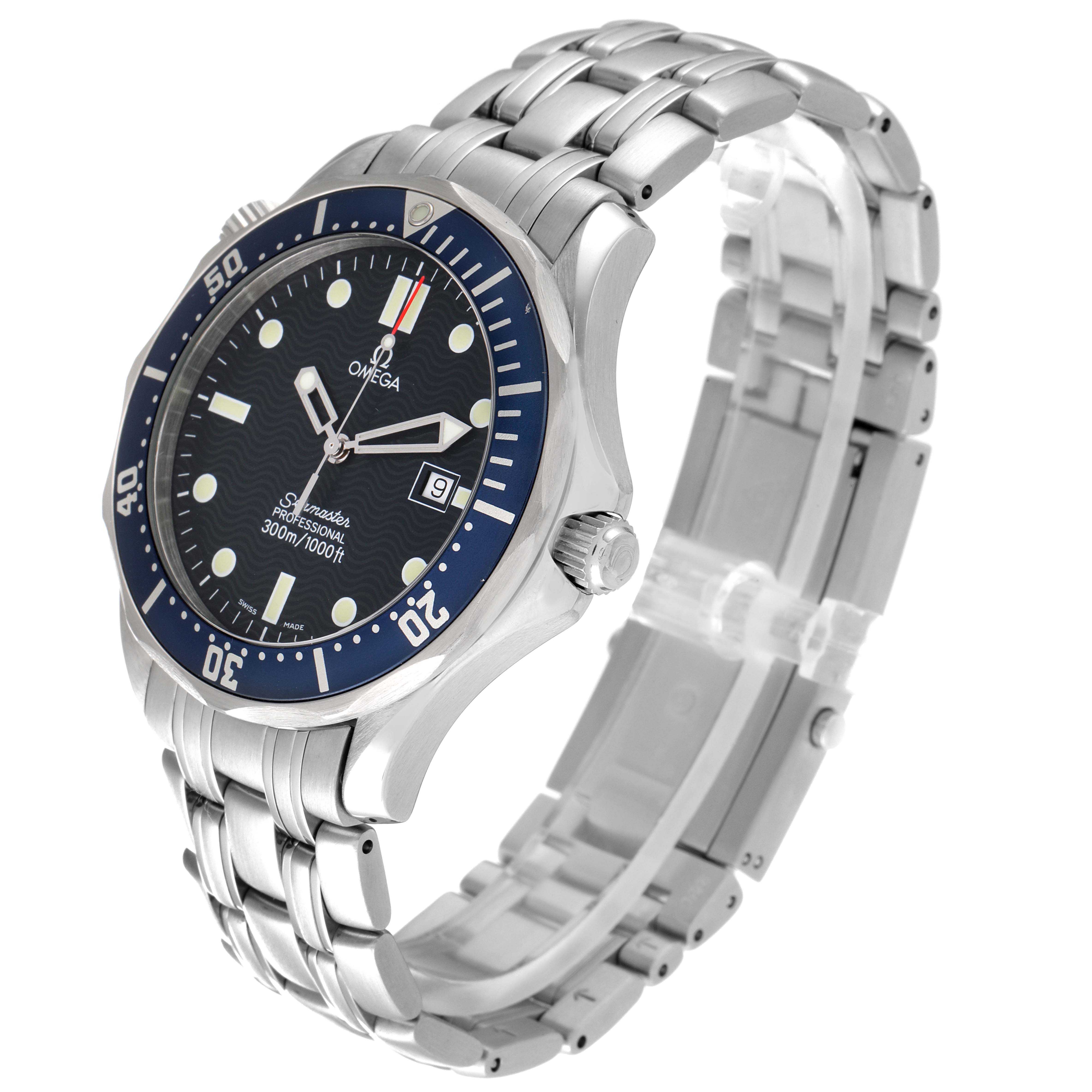 The image shows a side angle of an Omega Seamaster 2541.80.00 Men's Stainless Steel Blue Dial 2541.80.00 Men's Stainless Steel Blue Dial watch, highlighting the dial, bezel, crown, and stainless steel bracelet.