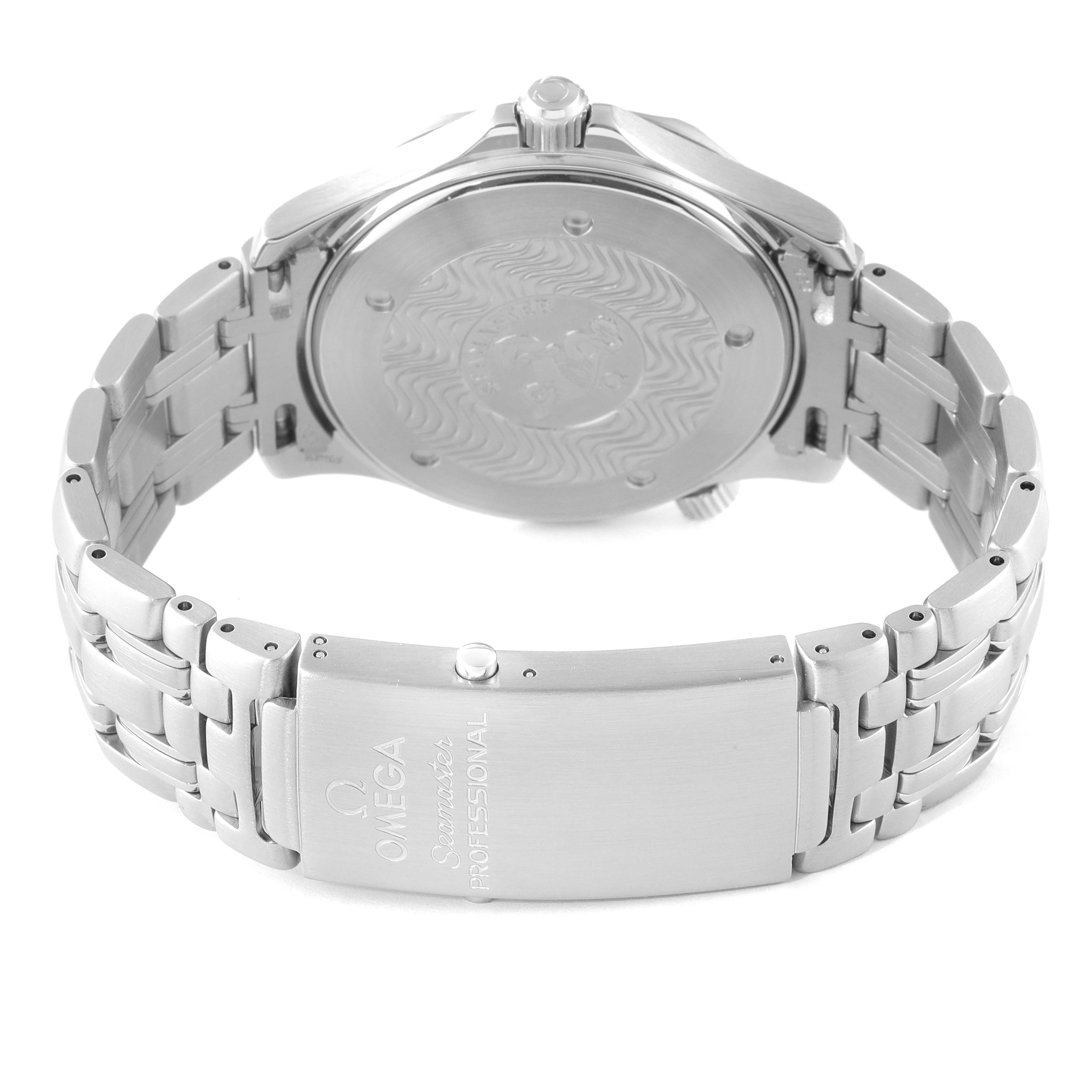 The image shows the back case and bracelet clasp of an Omega Seamaster 2541.80.00 Men's Stainless Steel Blue Dial 2541.80.00 Men's Stainless Steel Blue Dial watch from a rear angle.