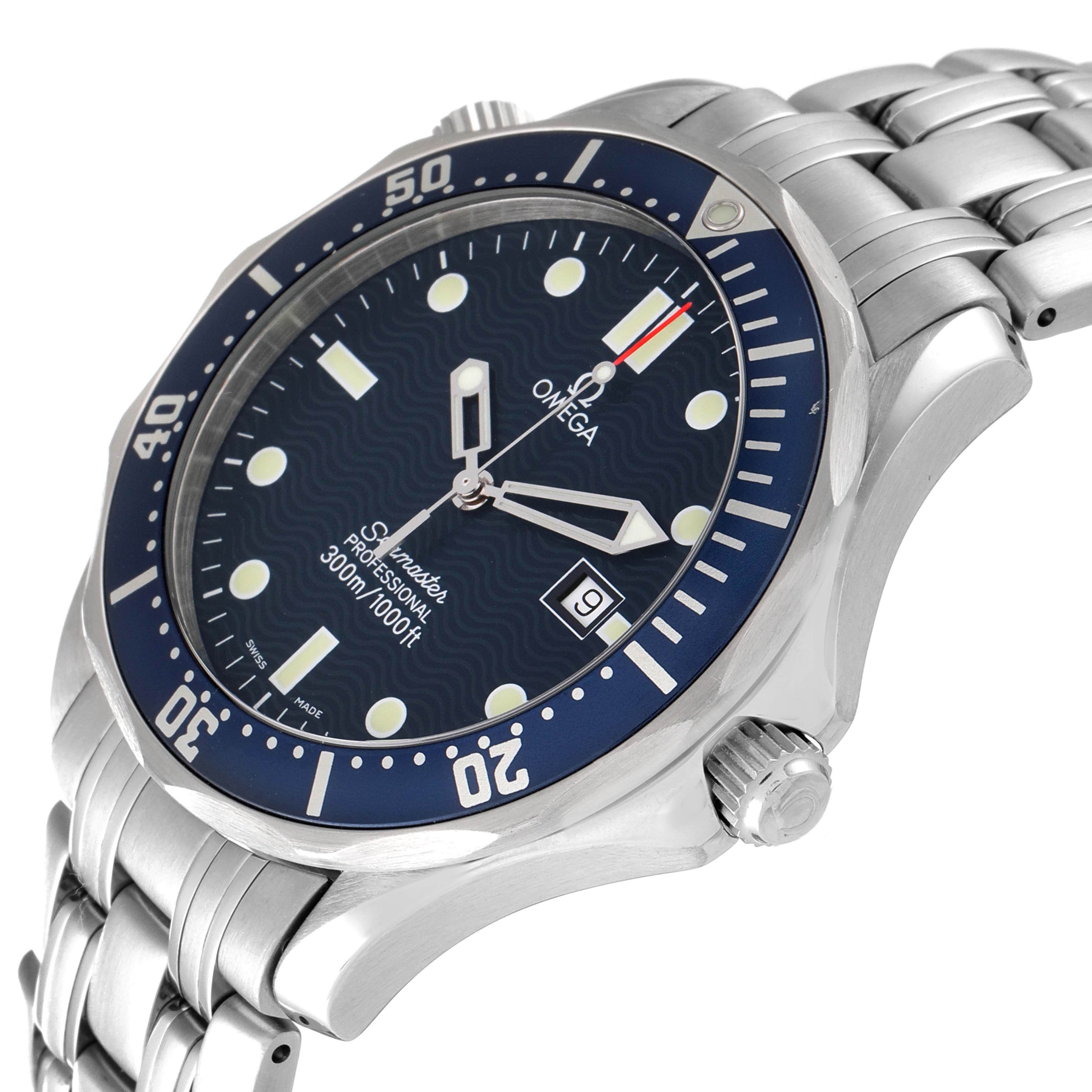 The image shows an angled view of the Omega Seamaster 2541.80.00 Men's Stainless Steel Blue Dial 2541.80.00 Men's Stainless Steel Blue Dial watch, highlighting the blue dial, bezel, crown, and stainless steel bracelet.