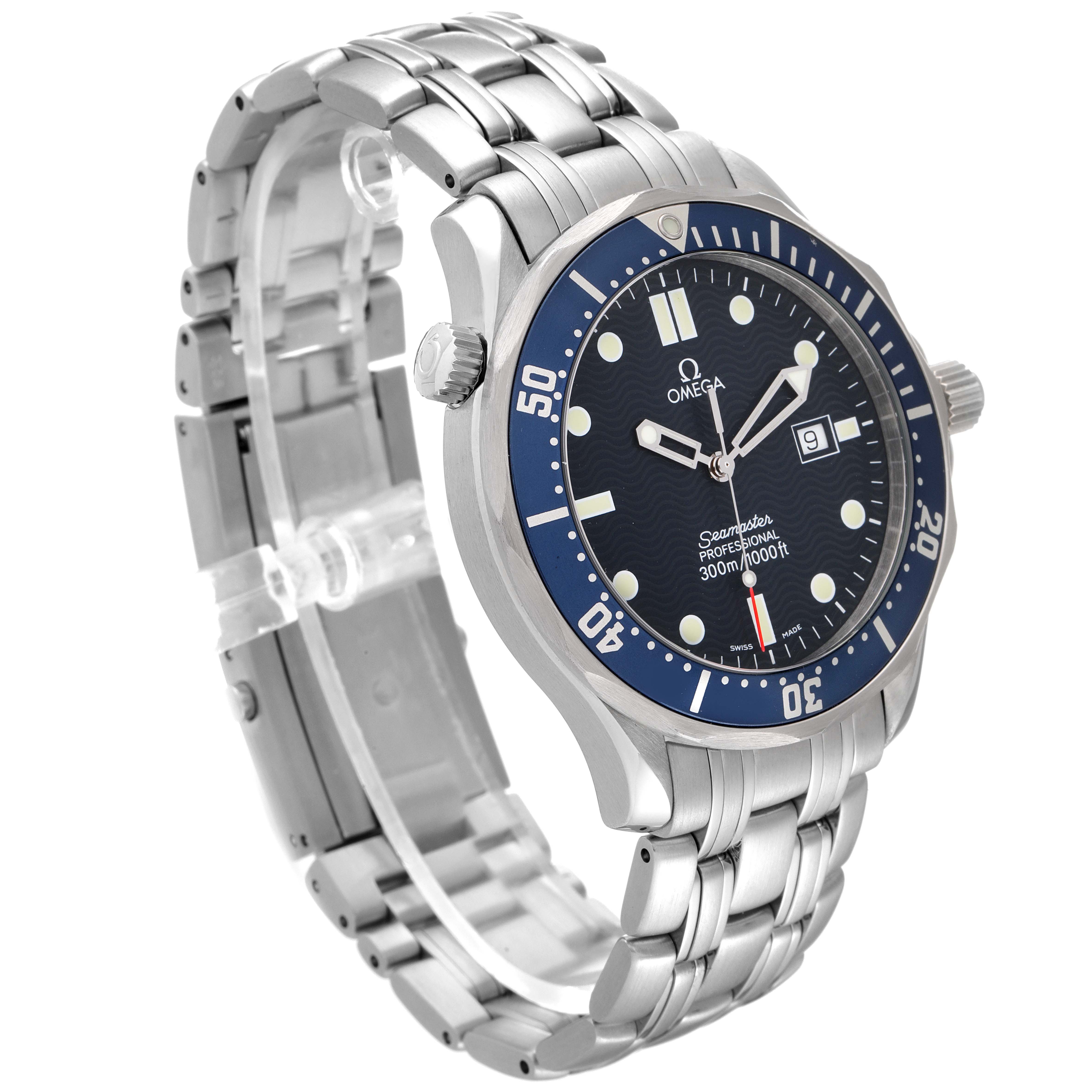 The image shows an angled view of the Omega Seamaster 2541.80.00 Men's Stainless Steel Blue Dial 2541.80.00 Men's Stainless Steel Blue Dial watch, highlighting its face, bezel, and metal bracelet.