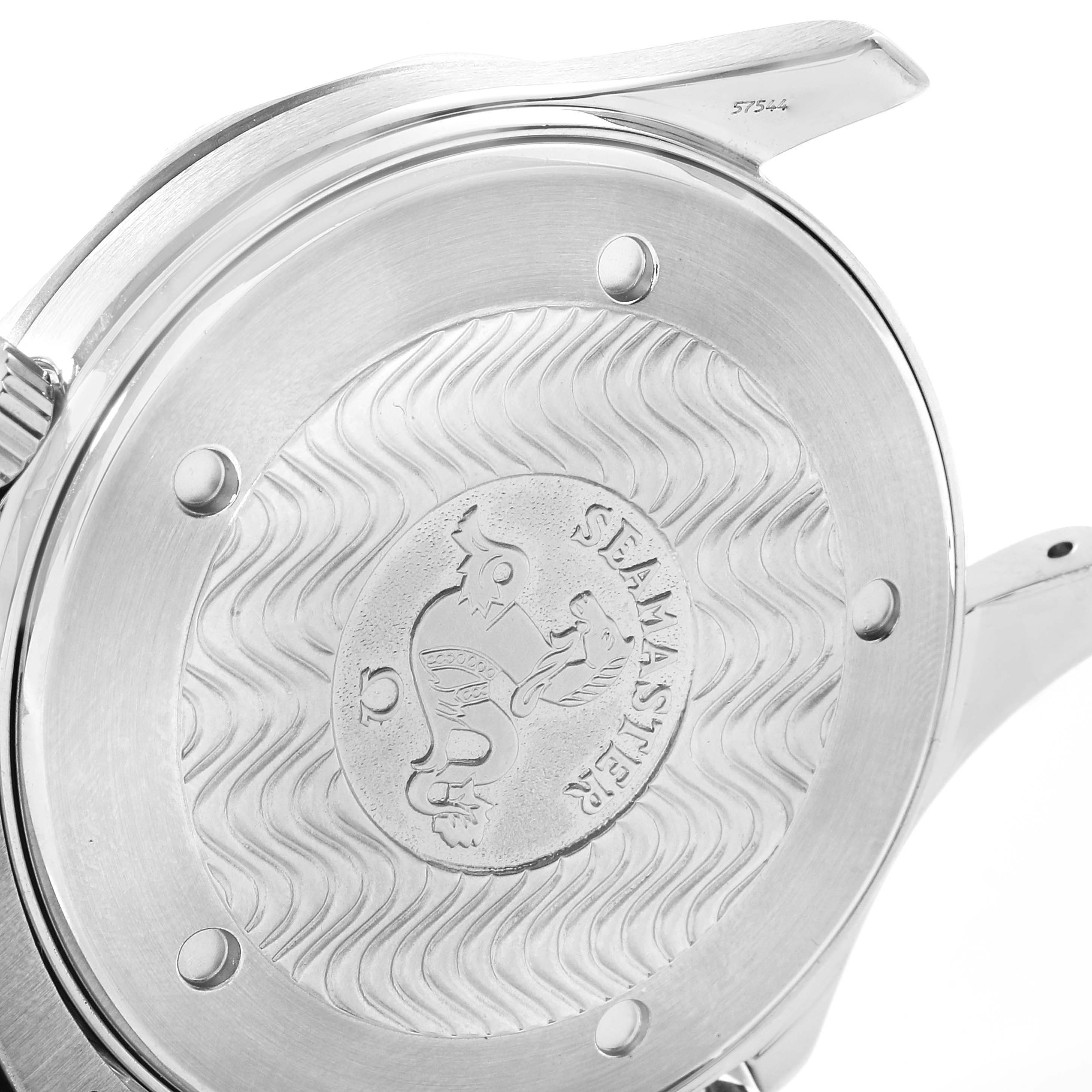 The image shows the polished stainless steel case back of an Omega Seamaster 2541.80.00 Men's Stainless Steel Blue Dial 2541.80.00 Men's Stainless Steel Blue Dial watch, featuring the engraved logo.