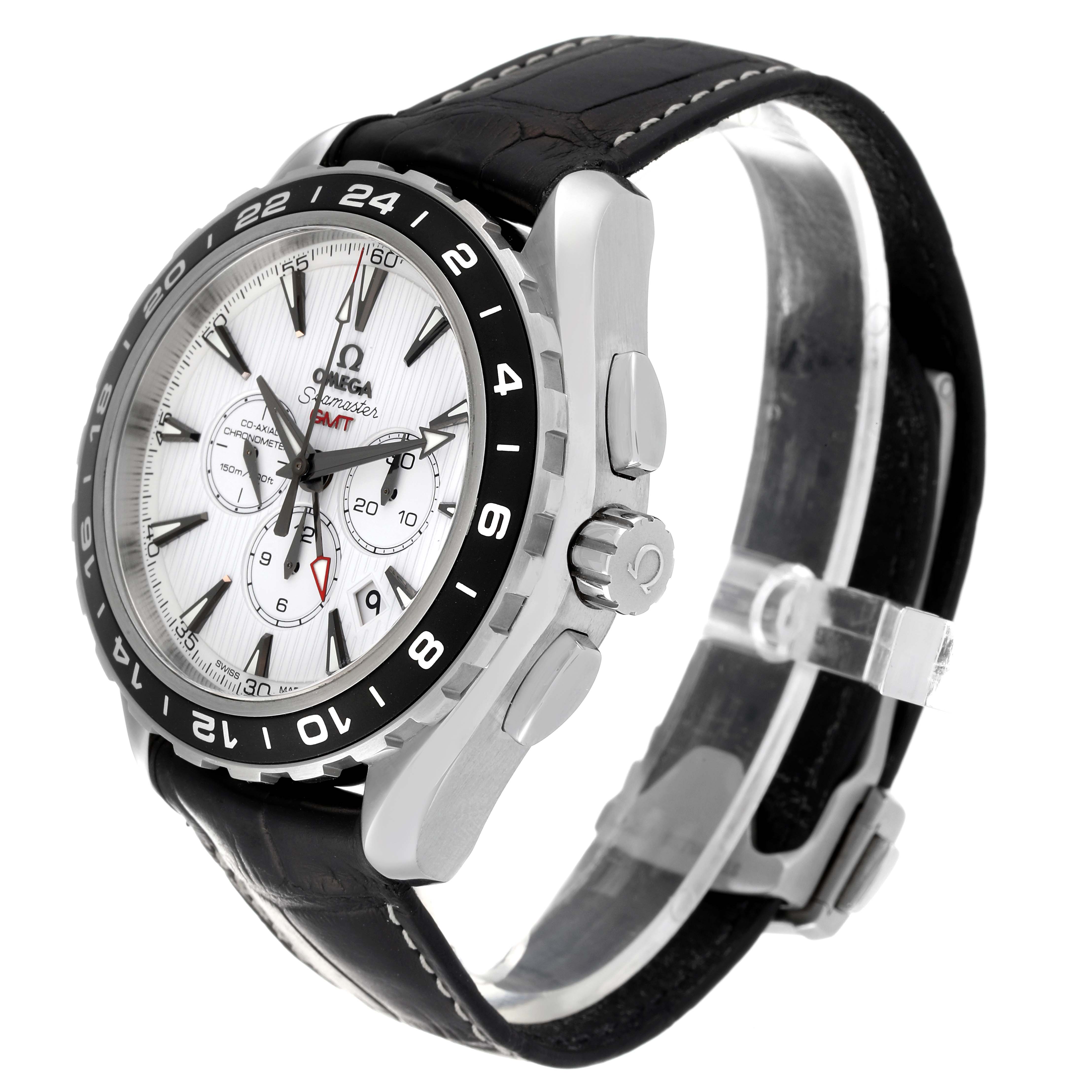 This image shows a side angle of the Omega Aqua Terra 231.13.44.52.04.001 Men
s Stainless Steel White Dial 231.13.44.52.04.001 Men
s Stainless Steel White Dial watch, highlighting the crown, bezel, and leather strap.