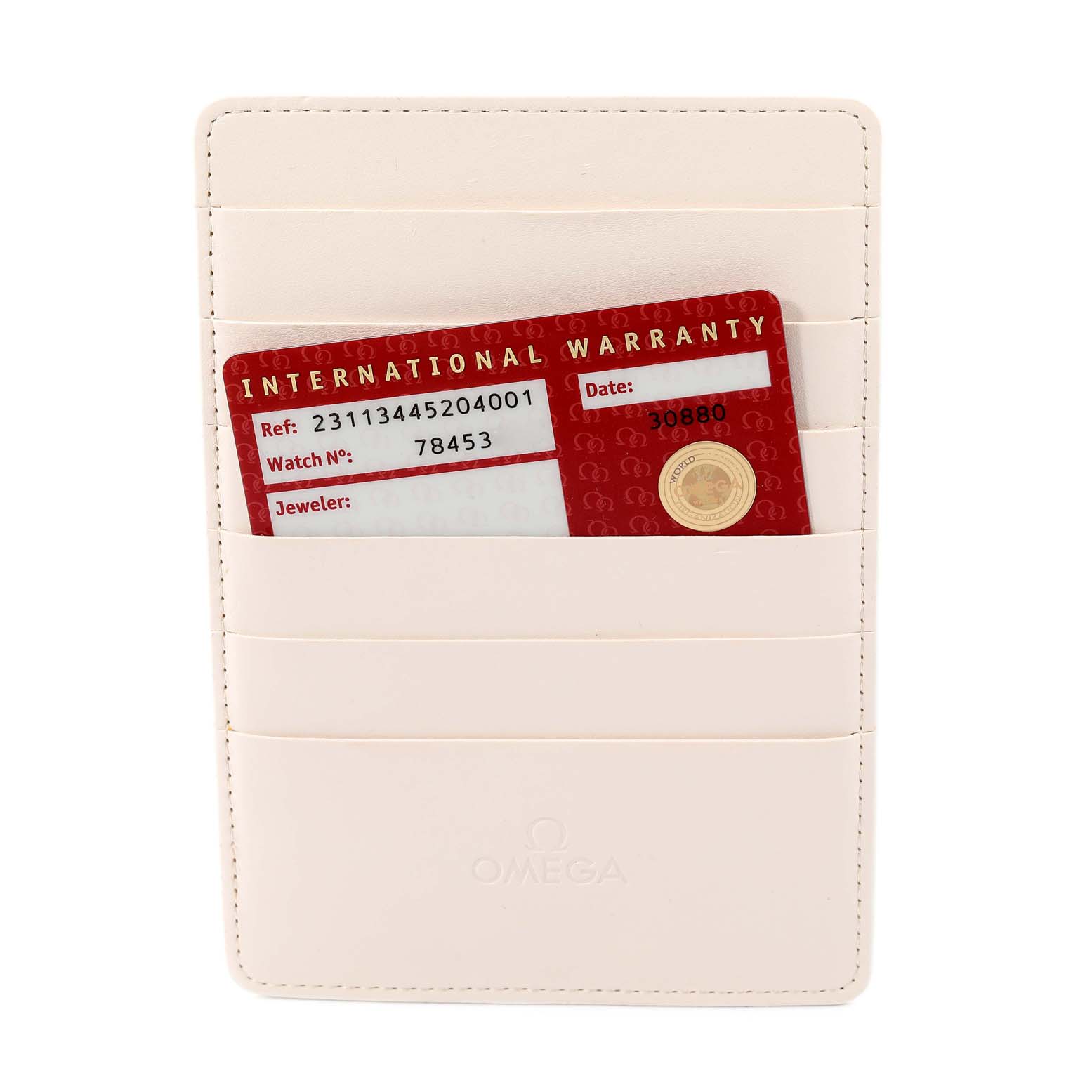 The image shows a cardholder with an international warranty card for the Omega Aqua Terra 231.13.44.52.04.001 Men
s Stainless Steel White Dial 231.13.44.52.04.001 Men
s Stainless Steel White Dial model.