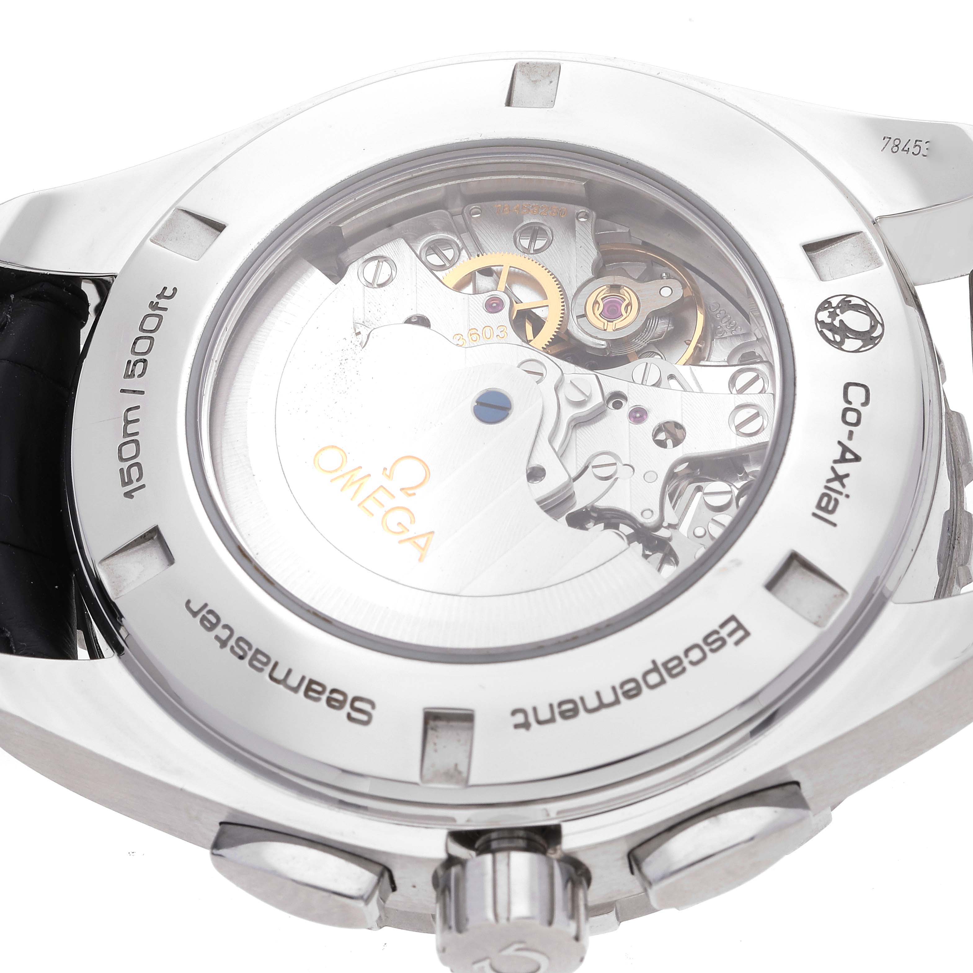 This image shows the back side of the Omega Aqua Terra 231.13.44.52.04.001 Men
s Stainless Steel White Dial 231.13.44.52.04.001 Men
s Stainless Steel White Dial watch, revealing the movement and intricate inner mechanisms.