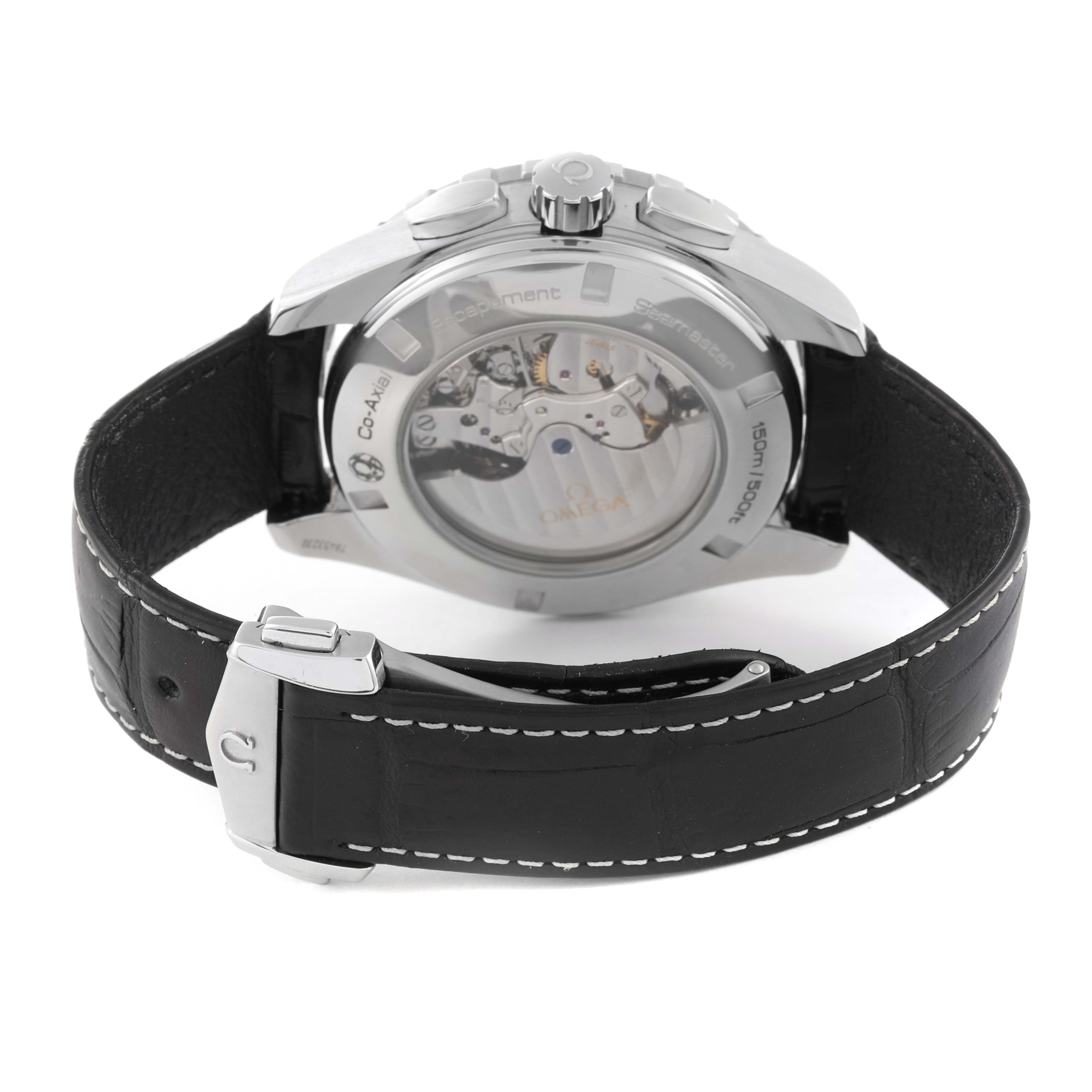 This image shows the back view of the Omega Aqua Terra 231.13.44.52.04.001 Men
s Stainless Steel White Dial 231.13.44.52.04.001 Men
s Stainless Steel White Dial watch, focusing on its transparent case back and black leather strap.