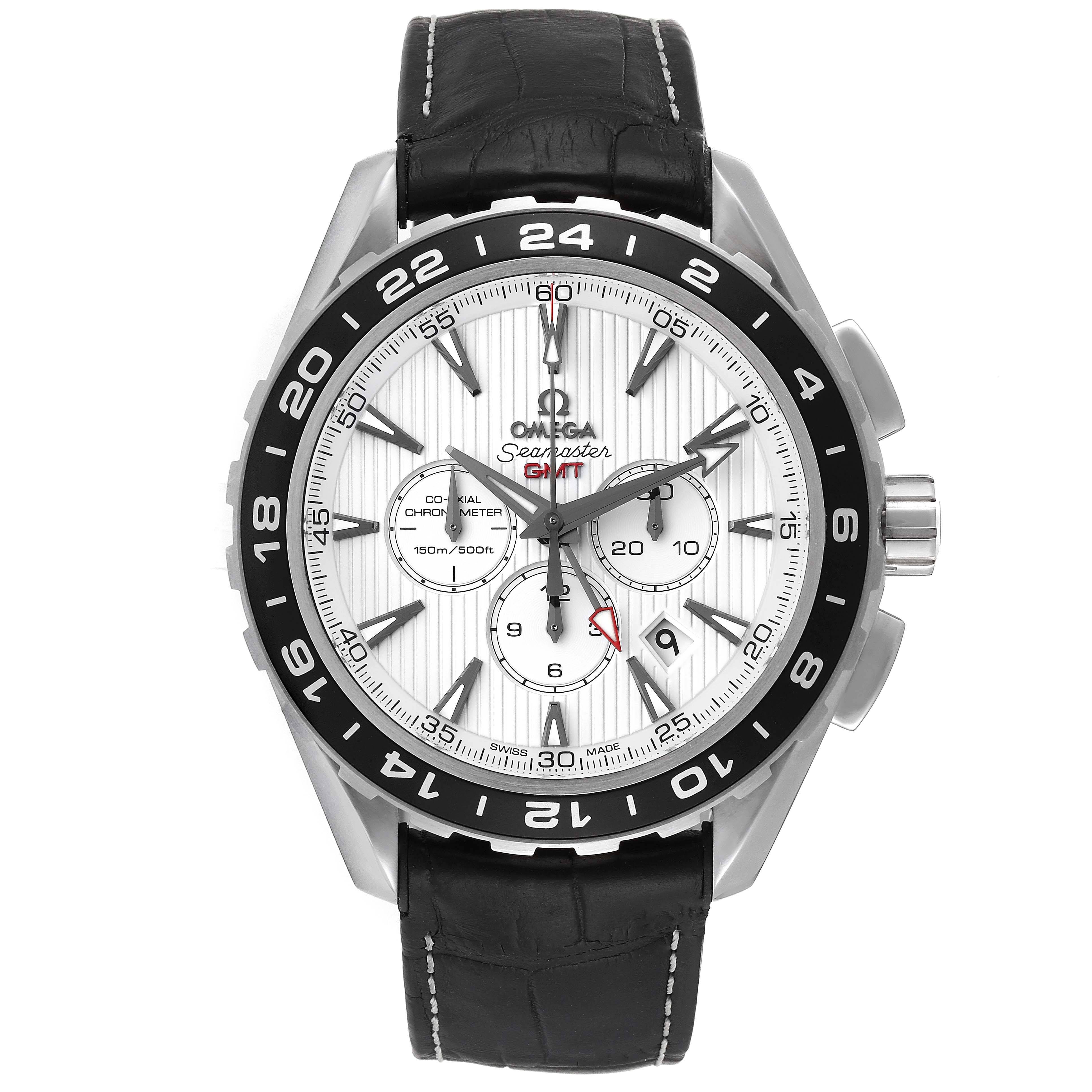 The Omega Aqua Terra 231.13.44.52.04.001 Men
s Stainless Steel White Dial 231.13.44.52.04.001 Men
s Stainless Steel White Dial watch is shown from the front, displaying its face, bezel, and black leather strap.