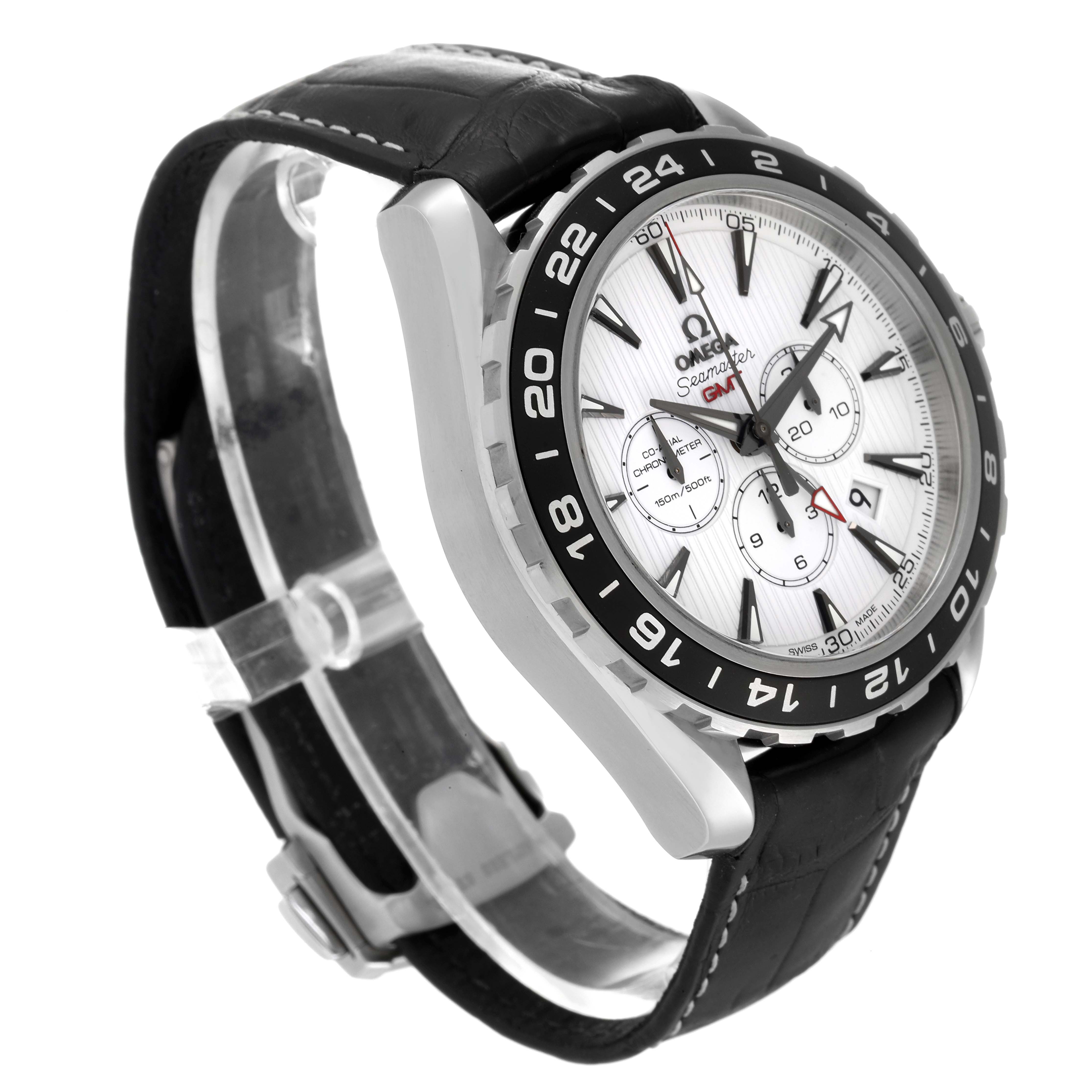 The image shows the Omega Aqua Terra 231.13.44.52.04.001 Men
s Stainless Steel White Dial 231.13.44.52.04.001 Men
s Stainless Steel White Dial watch at a three-quarter angle, highlighting the dial, bezel, and leather strap.