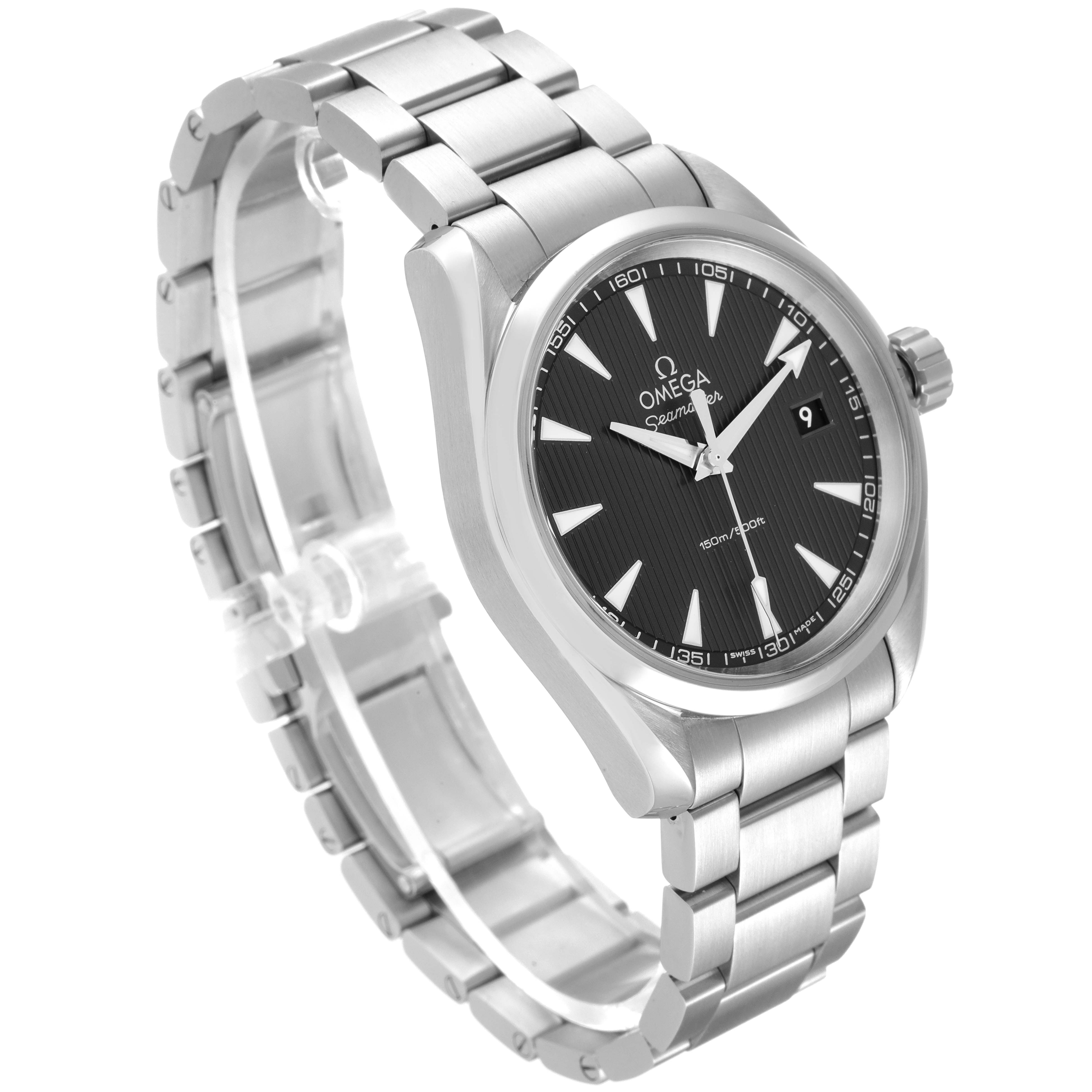 The image shows the Omega Aqua Terra 231.10.39.60.06.001 Men
s Stainless Steel Grey Dial 231.10.39.60.06.001 Men
s Stainless Steel Grey Dial watch at a 3/4 angle highlighting the face, bracelet, and crown.