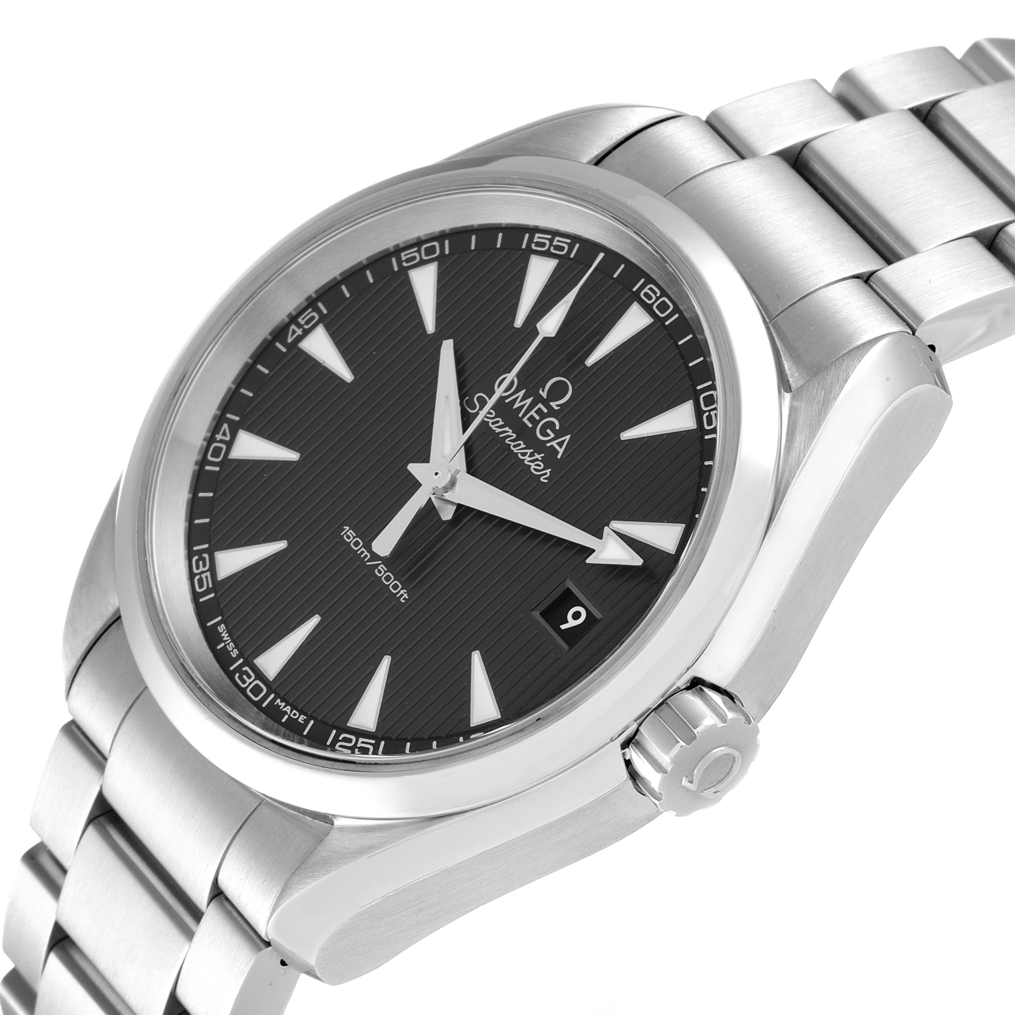 The image shows an angled view of the Omega Aqua Terra 231.10.39.60.06.001 Men
s Stainless Steel Grey Dial 231.10.39.60.06.001 Men
s Stainless Steel Grey Dial watch, displaying the dial, bezel, crown, and part of the bracelet.