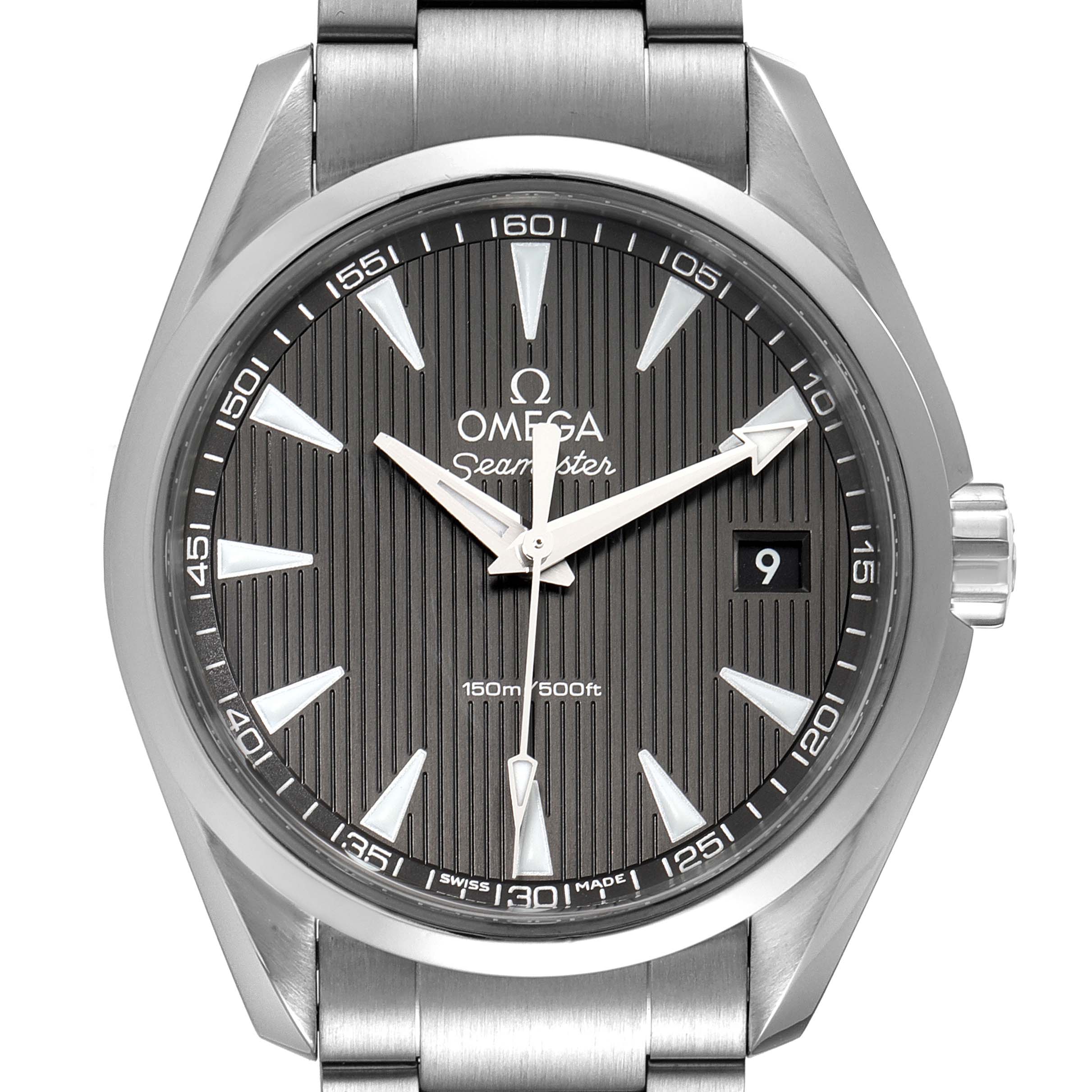 The image shows a front view of the Omega Aqua Terra 231.10.39.60.06.001 Men
s Stainless Steel Grey Dial 231.10.39.60.06.001 Men
s Stainless Steel Grey Dial watch, highlighting the dial, hands, and part of the metal bracelet.