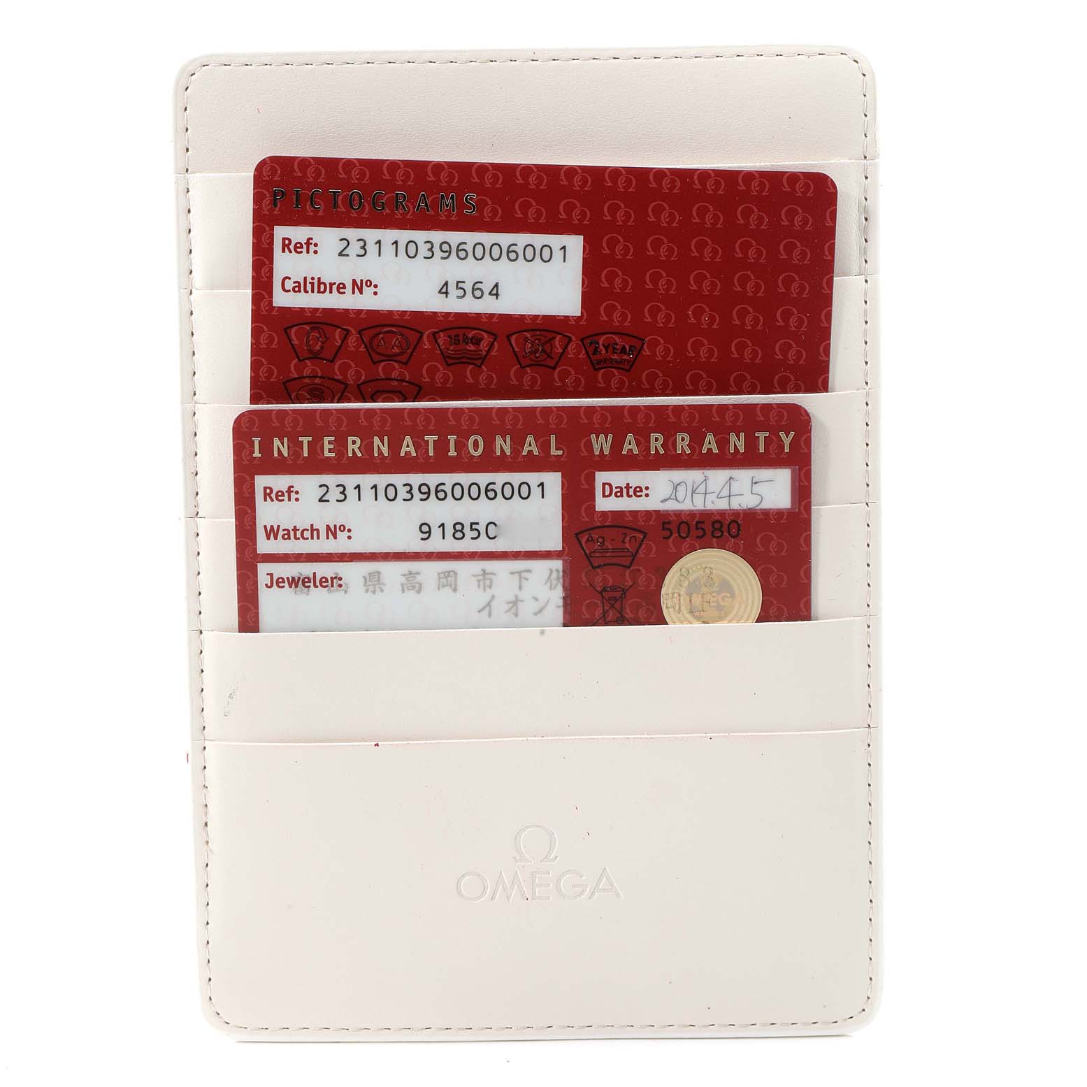 Image shows warranty and pictogram cards for the Omega Aqua Terra 231.10.39.60.06.001 Men
s Stainless Steel Grey Dial 231.10.39.60.06.001 Men
s Stainless Steel Grey Dial model, in a white cardholder.