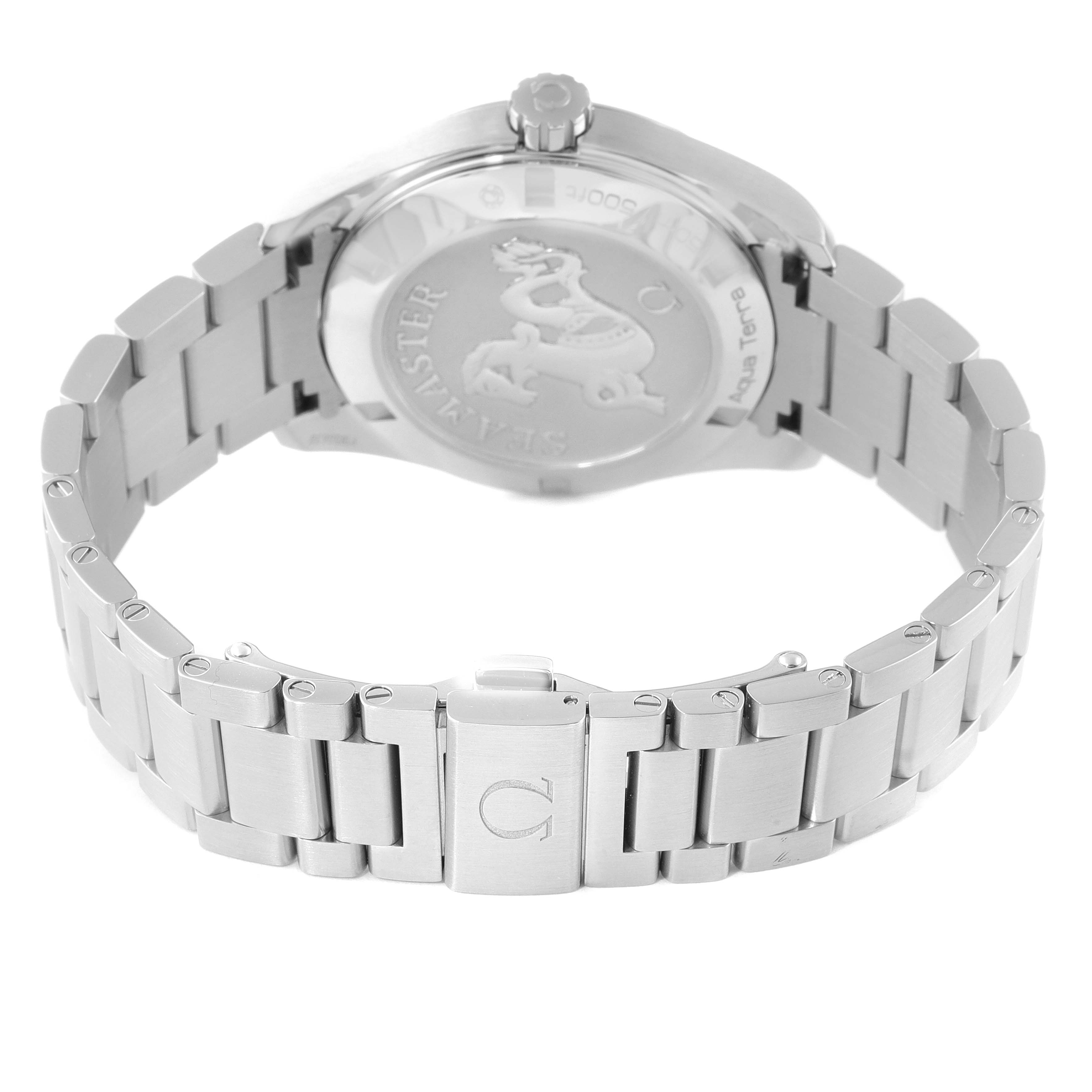 This image shows the backside of the Omega Aqua Terra 231.10.39.60.06.001 Men
s Stainless Steel Grey Dial 231.10.39.60.06.001 Men
s Stainless Steel Grey Dial watch, highlighting the bracelet, clasp, and case back.