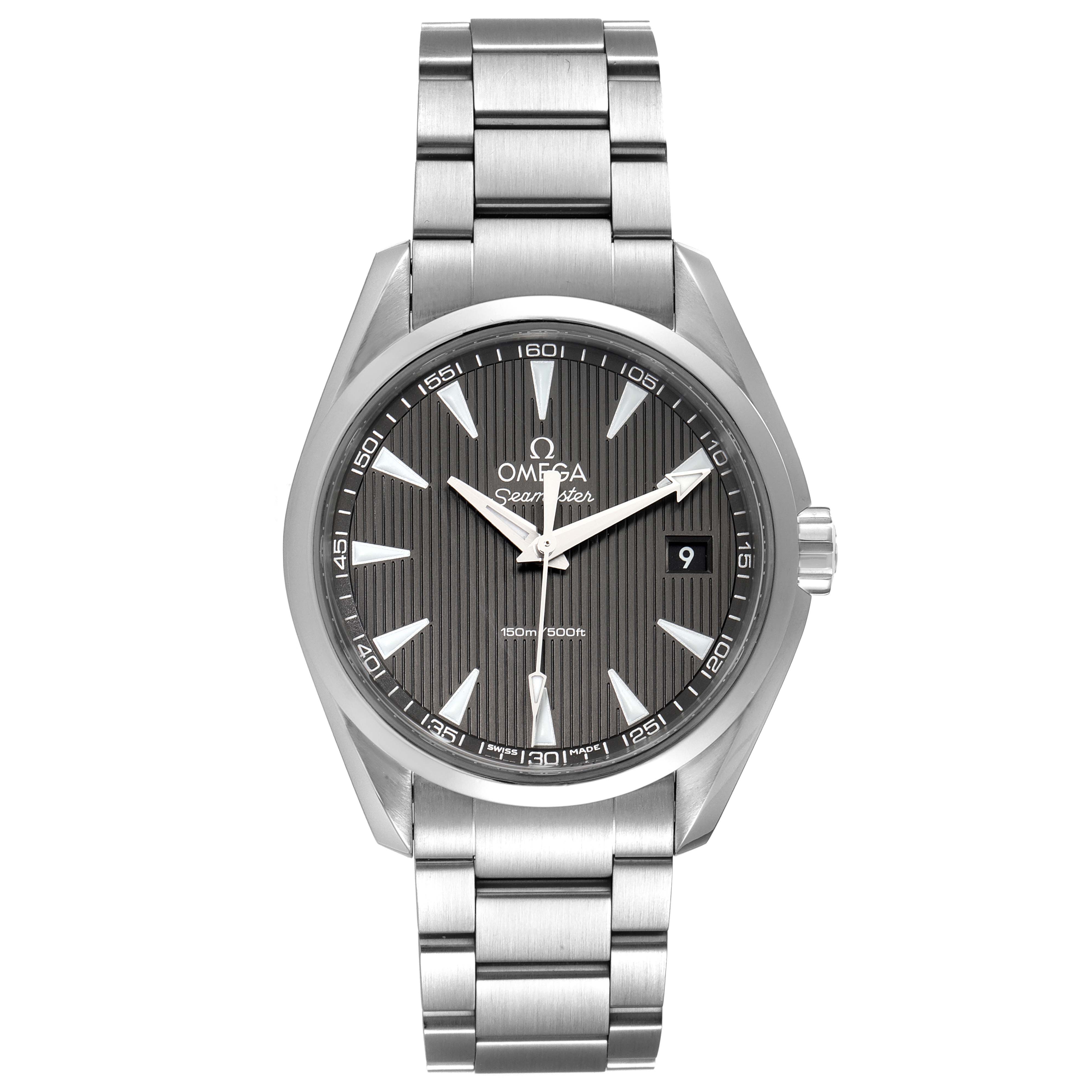 The image shows a front view of an Omega Aqua Terra 231.10.39.60.06.001 Men
s Stainless Steel Grey Dial 231.10.39.60.06.001 Men
s Stainless Steel Grey Dial watch, displaying its watch face, dial, and bracelet.