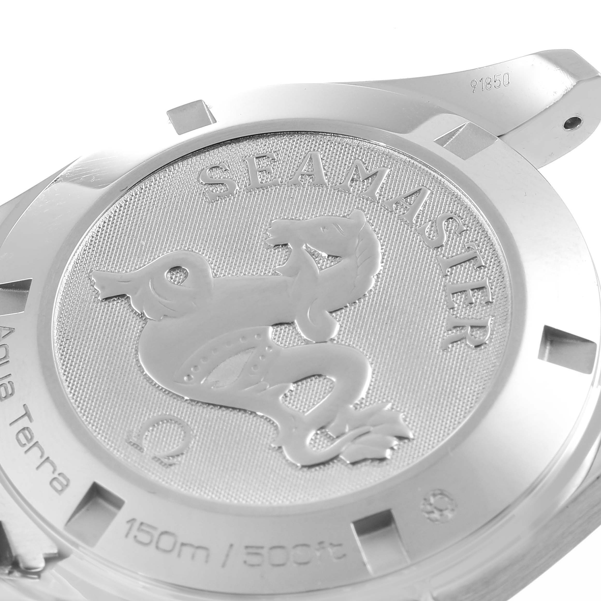This image shows the back case of the Omega Aqua Terra 231.10.39.60.06.001 Men
s Stainless Steel Grey Dial 231.10.39.60.06.001 Men
s Stainless Steel Grey Dial Seamaster watch, highlighting the embossed Seahorse emblem and water resistance details.