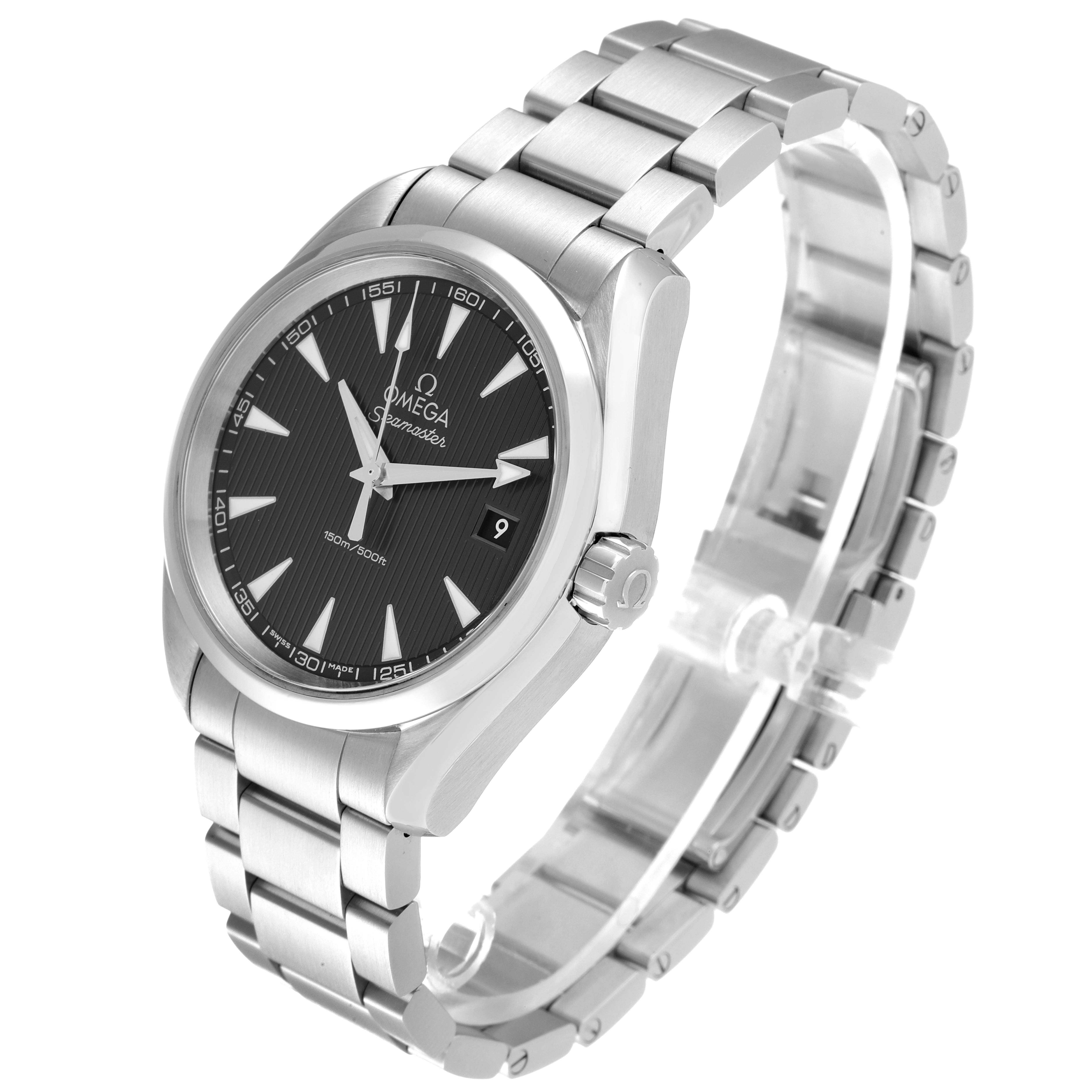 The Omega Aqua Terra 231.10.39.60.06.001 Men
s Stainless Steel Grey Dial 231.10.39.60.06.001 Men
s Stainless Steel Grey Dial watch is shown from the front-left angle, highlighting its stainless steel bracelet and black dial.