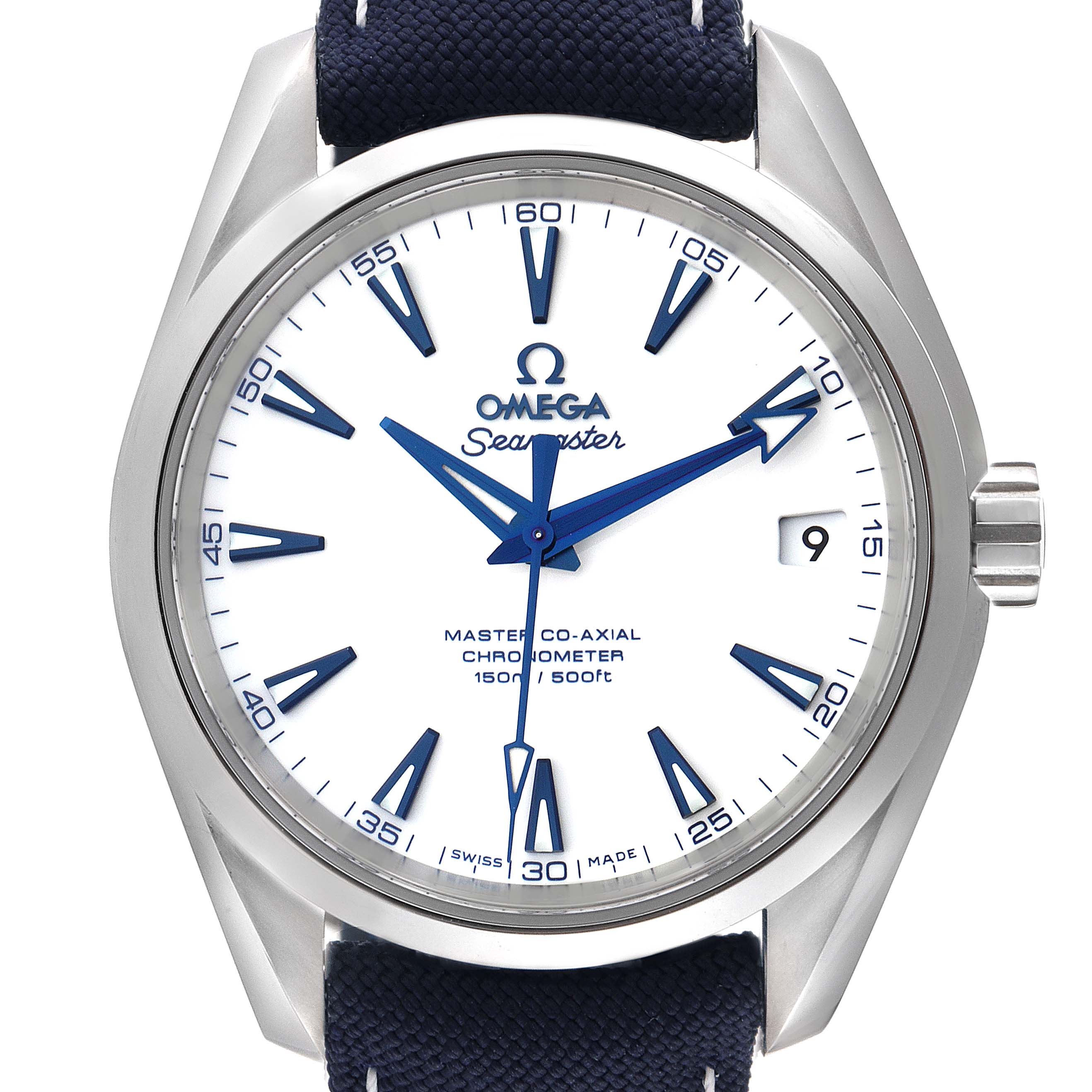 This image shows the front view of an Omega Aqua Terra 231.92.39.21.04.001 Men's Titanium White Dial 231.92.39.21.04.001 Men's Titanium White Dial watch, featuring a white dial, blue markers, and a fabric strap.