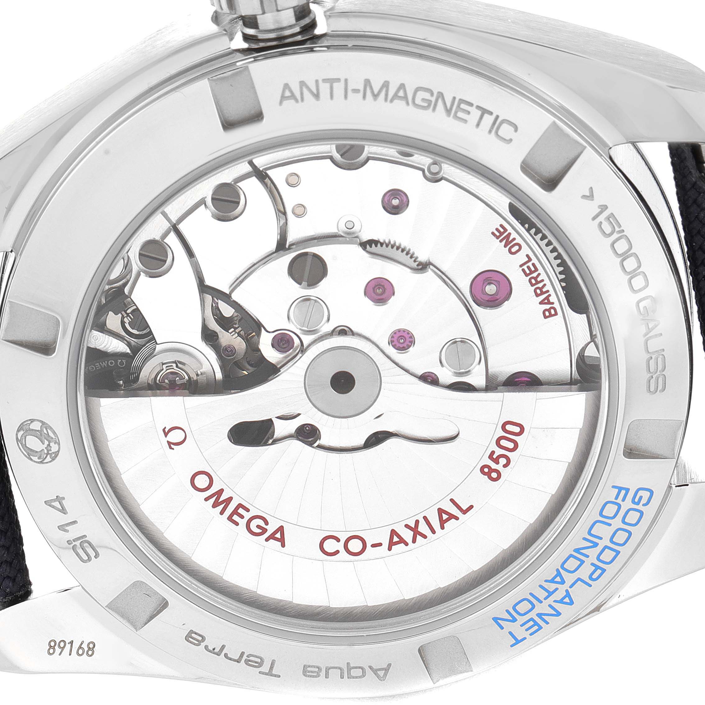 This image shows the back of the Omega Aqua Terra 231.92.39.21.04.001 Men's Titanium White Dial 231.92.39.21.04.001 Men's Titanium White Dial watch highlighting the internal mechanism and "Omega Co-Axial 8500" movement.