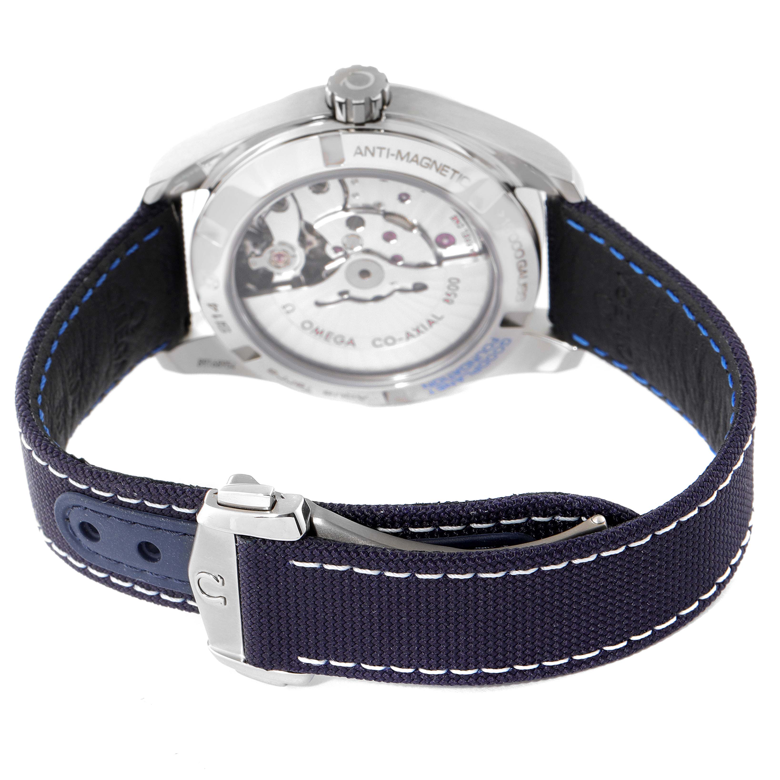 The image shows the back view of the Omega Aqua Terra 231.92.39.21.04.001 Men's Titanium White Dial 231.92.39.21.04.001 Men's Titanium White Dial watch, highlighting its movement and strap clasp.